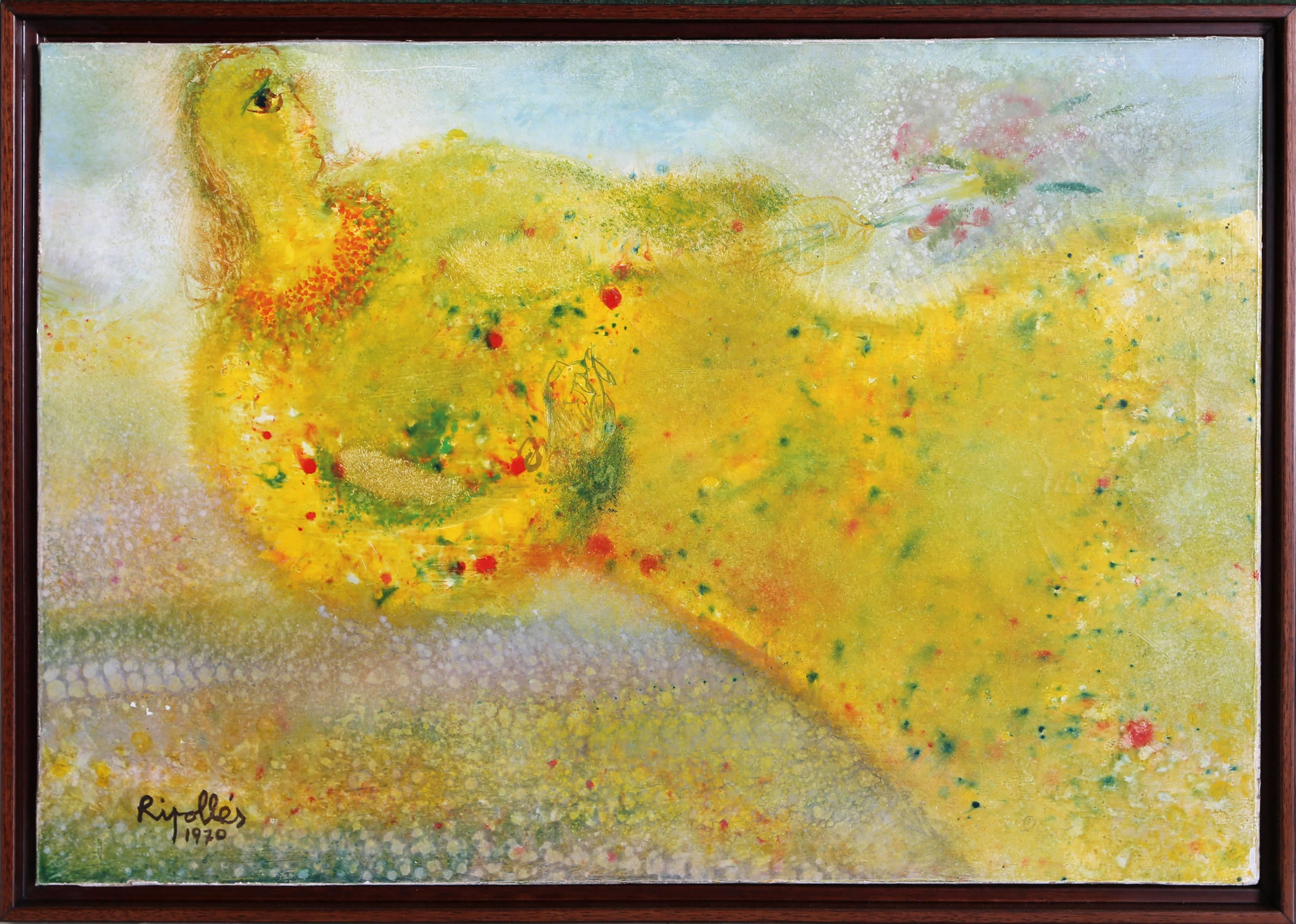 Figurative Painting Juan Garcia Ripolles - Woman in Yellow tenant des fleurs, peinture à l'huile de Ripolles 1970