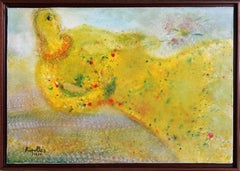 Woman in Yellow Holding Flowers, Oil Painting by Ripolles 1970