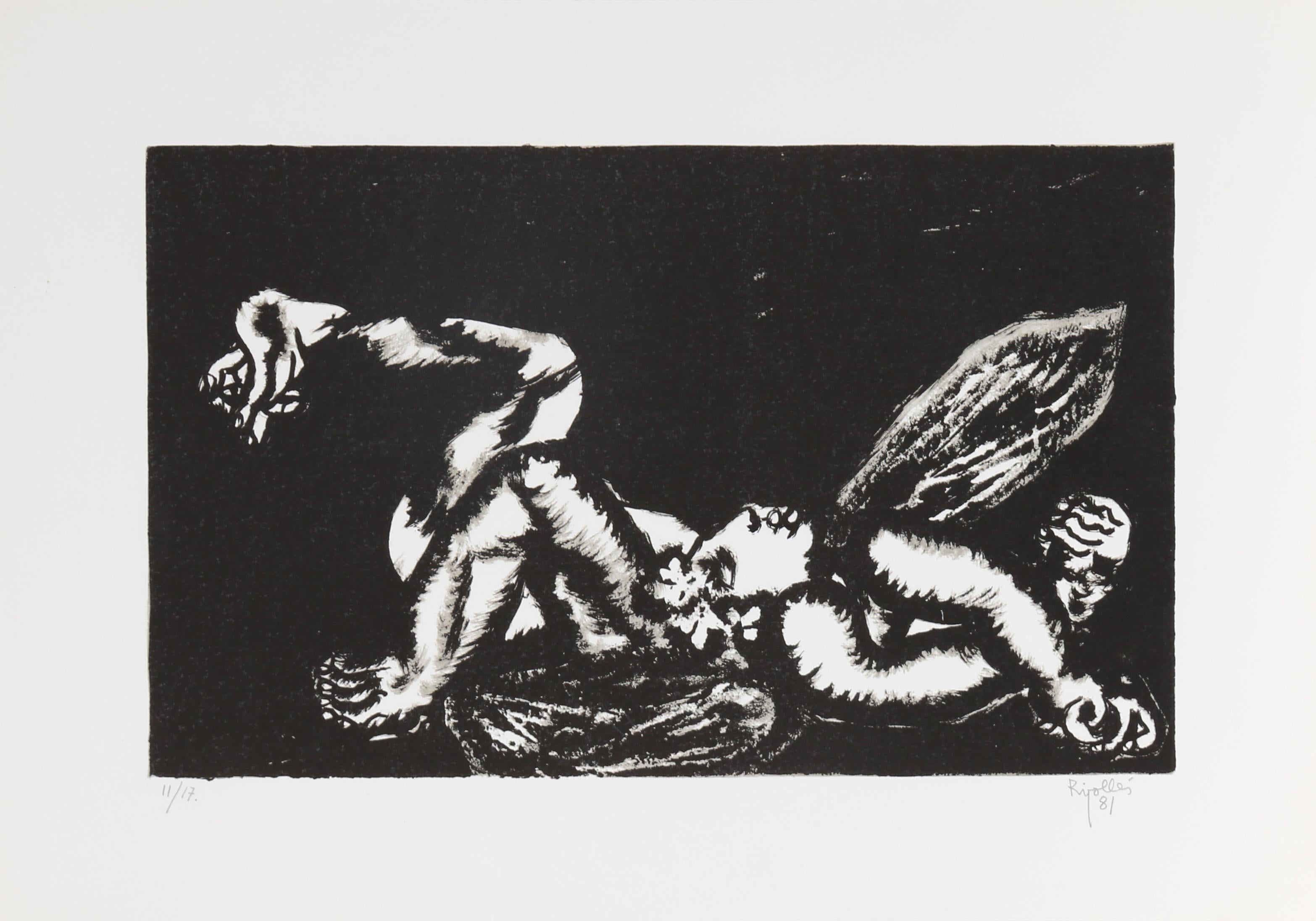 Fallen Angel (Black), Signed Modern Lithograph by Juan García Ripollés - Print by Juan Garcia Ripolles