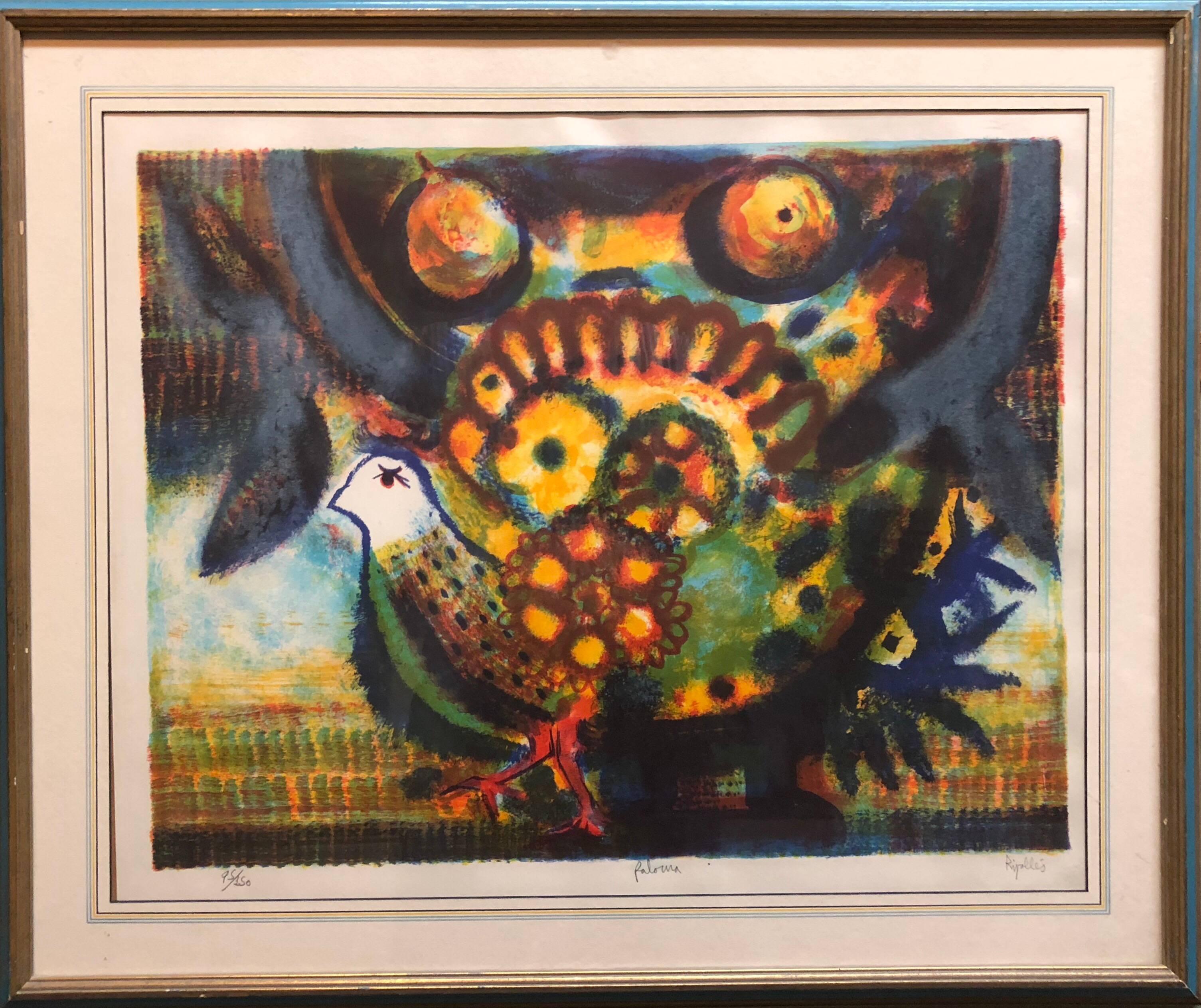 Spanish Modernist 'Paloma' Colorful Lithograph of a Bird - Print by Juan Garcia Ripolles