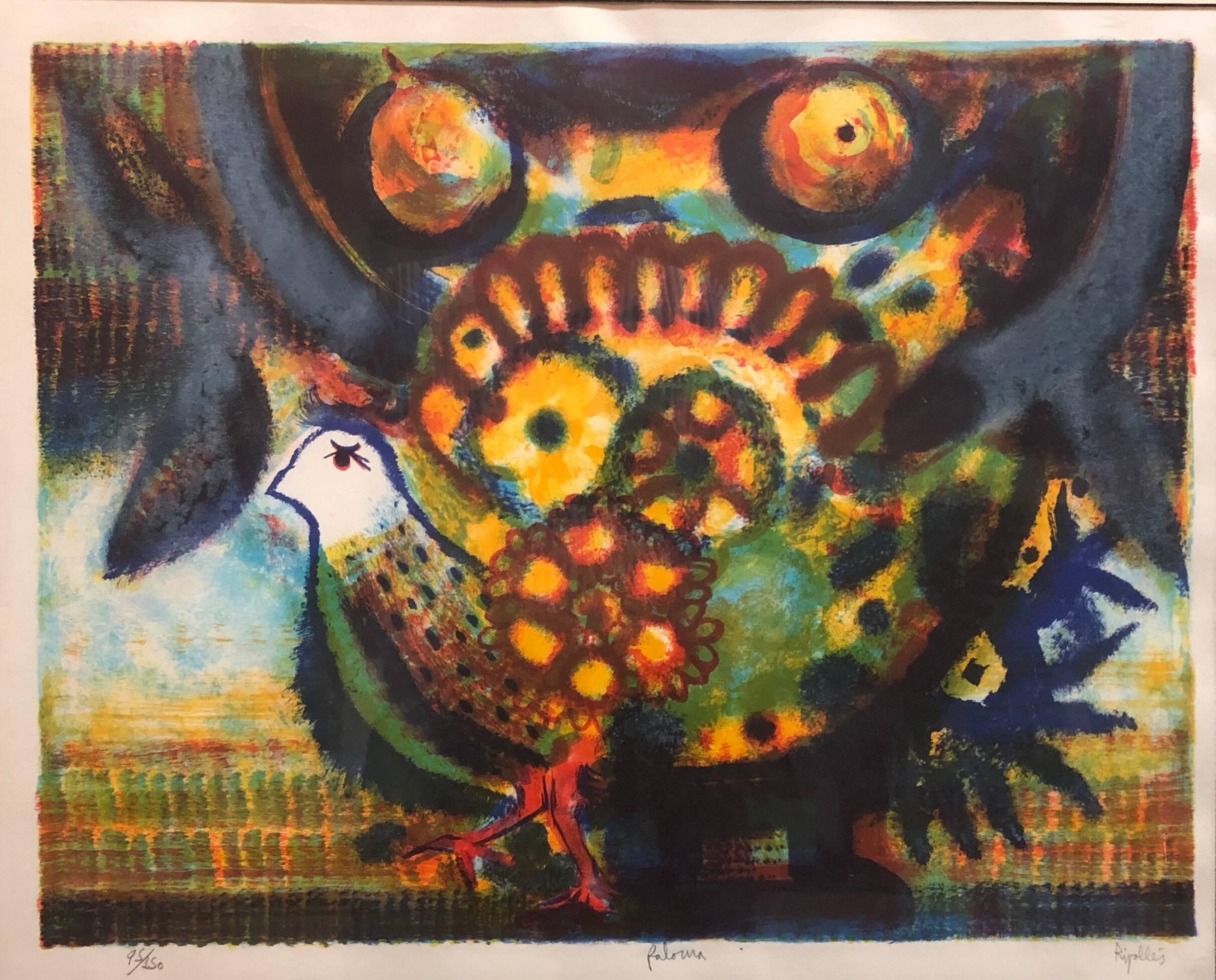 Juan Garcia Ripolles Animal Print – Spanische modernistische farbenfrohe Lithographie „Paloma“ mit einem Vogel