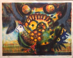 Spanische modernistische farbenfrohe Lithographie „Paloma“ mit einem Vogel