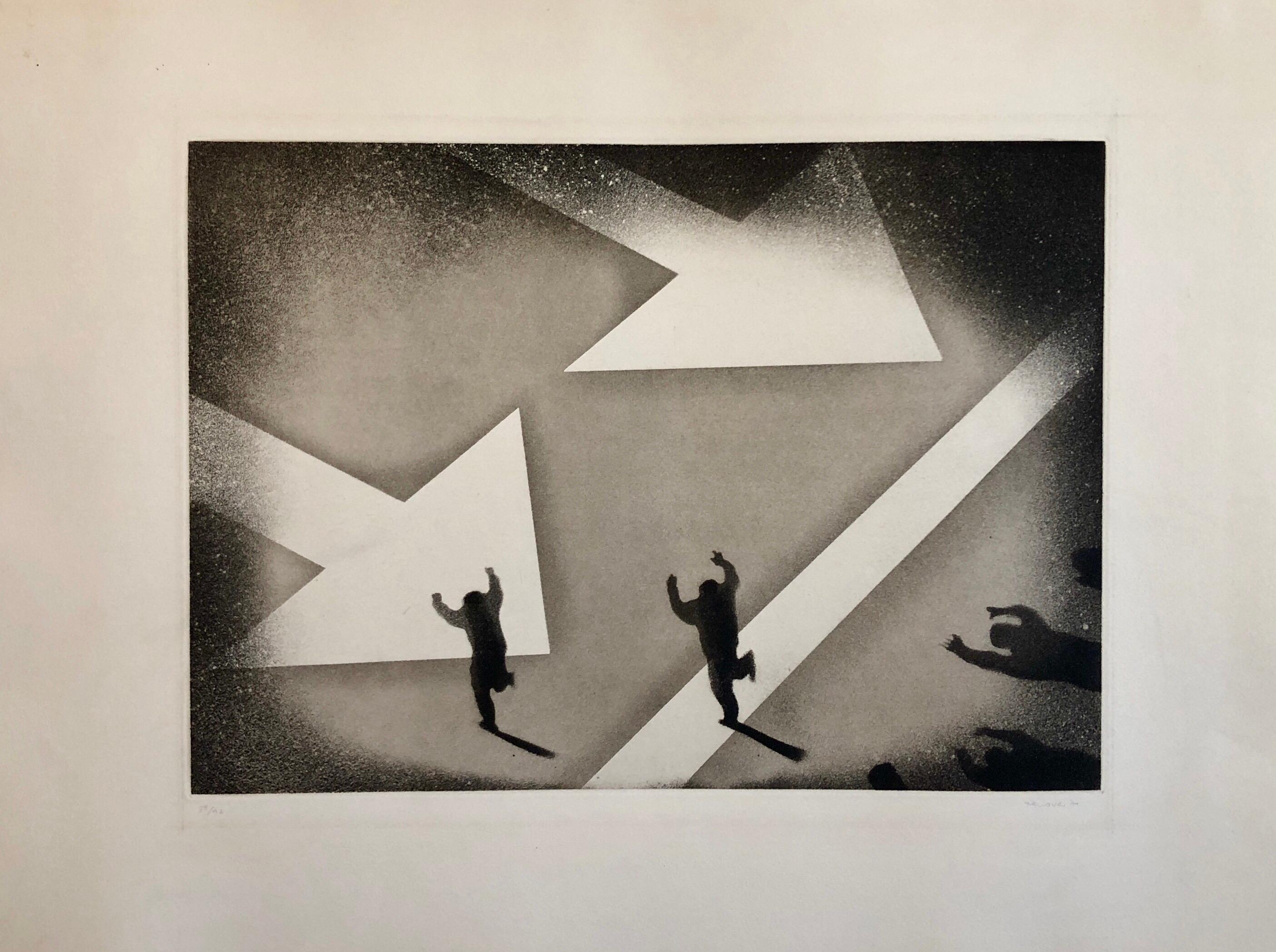 Silencio, Direccion Unica, One Way Spanish Political Etching Pop Art Druck, 1970  – Print von Juan Genoves