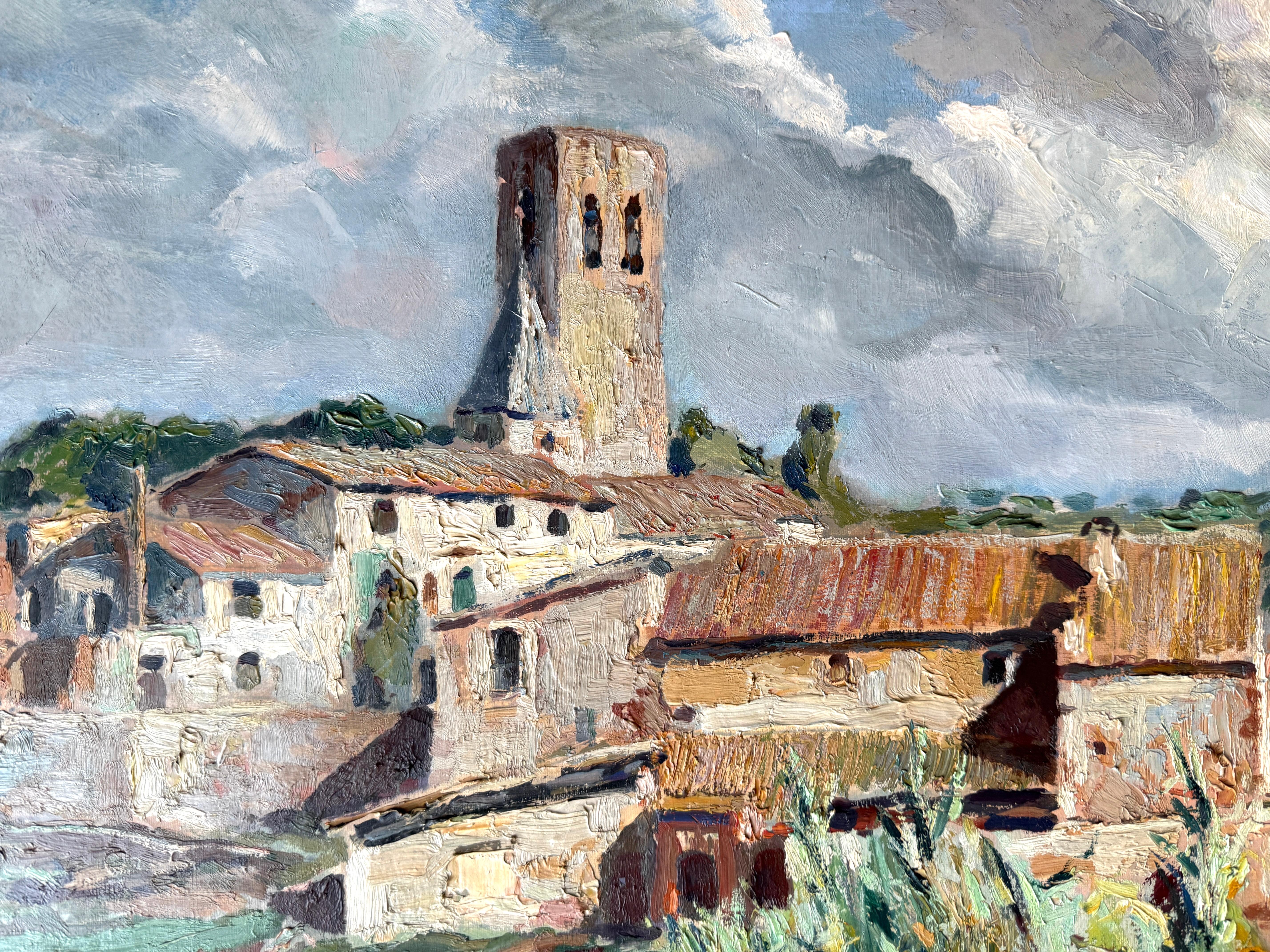 Autumn Morning Spain oil on canvas painting mediterranean landscape - Gray Landscape Painting by Juan Gil i Gil