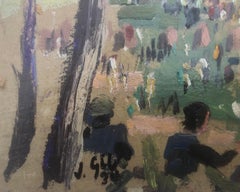 Pintura al óleo de un paisaje con figuras: un pueblo catalán del Mediterráneo y una ermita