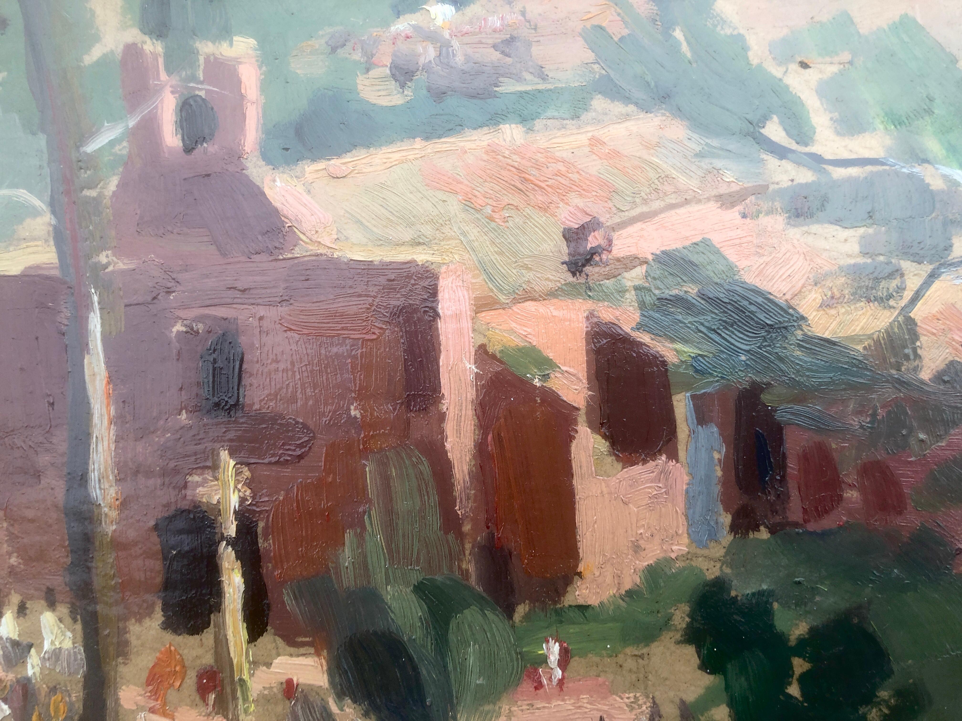 Juan Gil y Gil (1900-1984) - Landschaft mit Einsiedelei - Öl auf Platte
Maße Öl 27x35 cm.
Rahmenlos

Malerin. Er begann seine künstlerische Ausbildung in Paris, die er später an der Schule Sant Jordi in Barcelona fortsetzte, wo er später auch Lehrer
