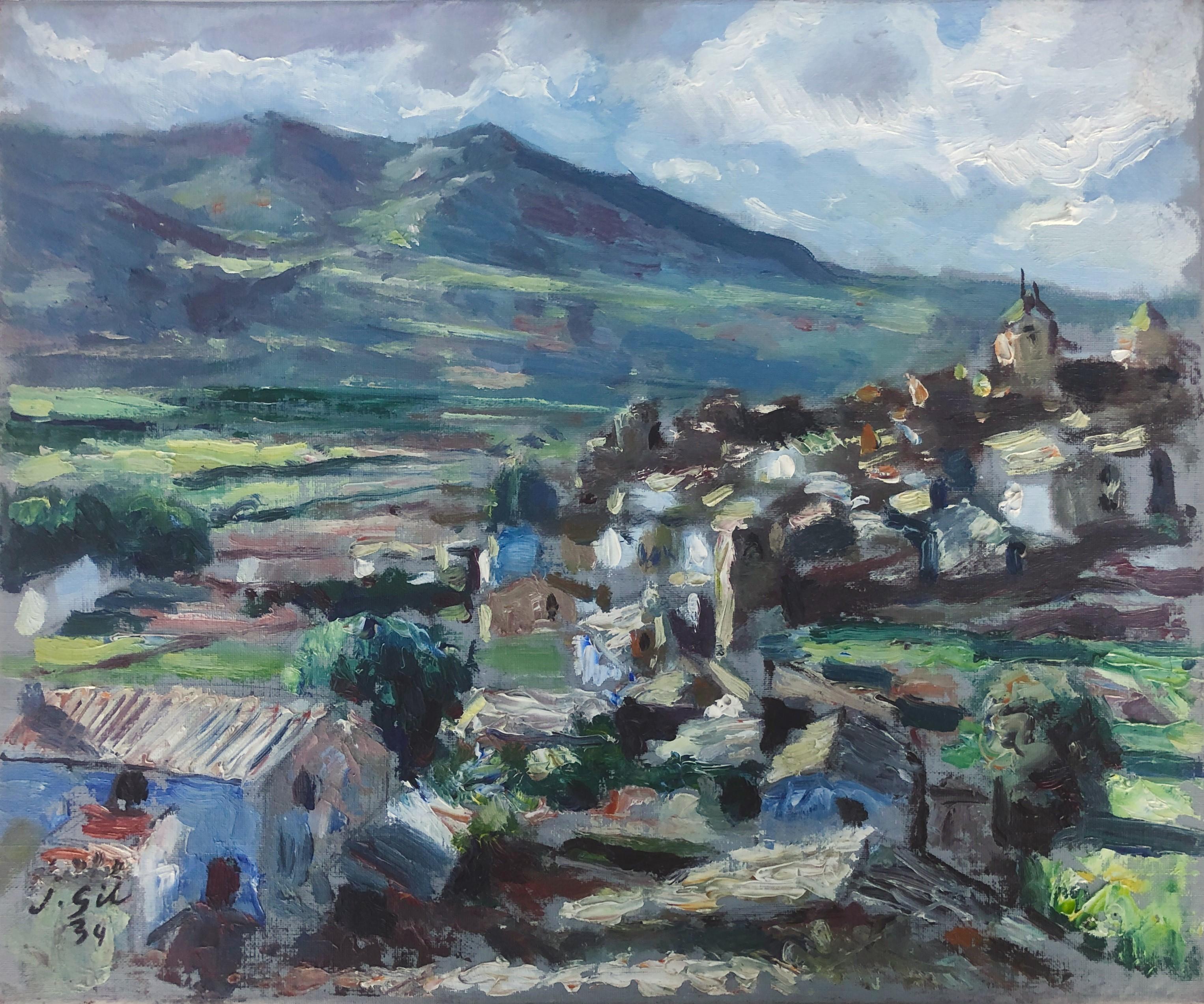 Juan Gil Landscape Painting - Landscape with spanish village oil on canvas painting