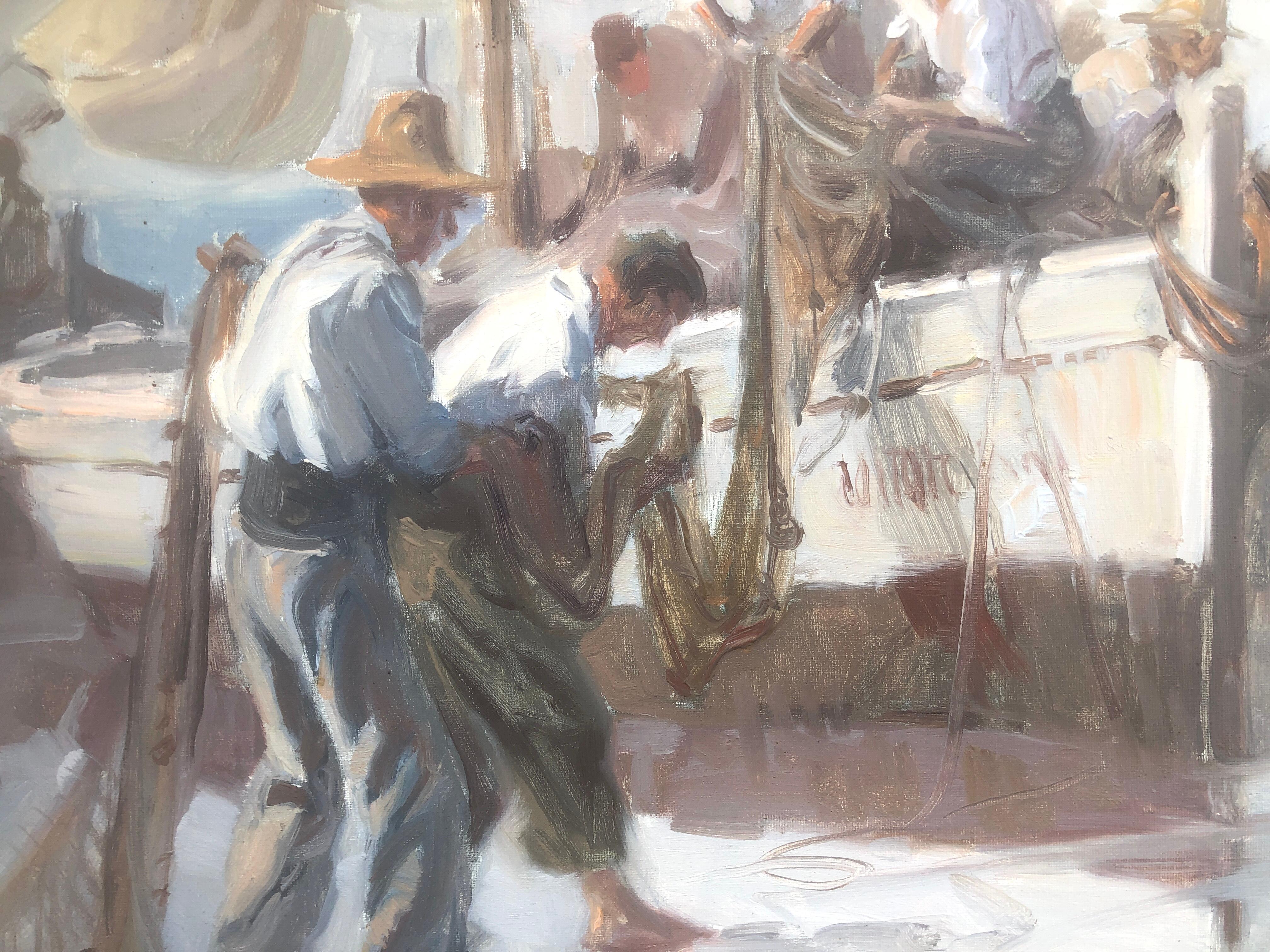 Fishermen and motherhood on the beach oil on canvas painting spanish seascape - Impressionist Painting by Juan Gonzalez Alacreu