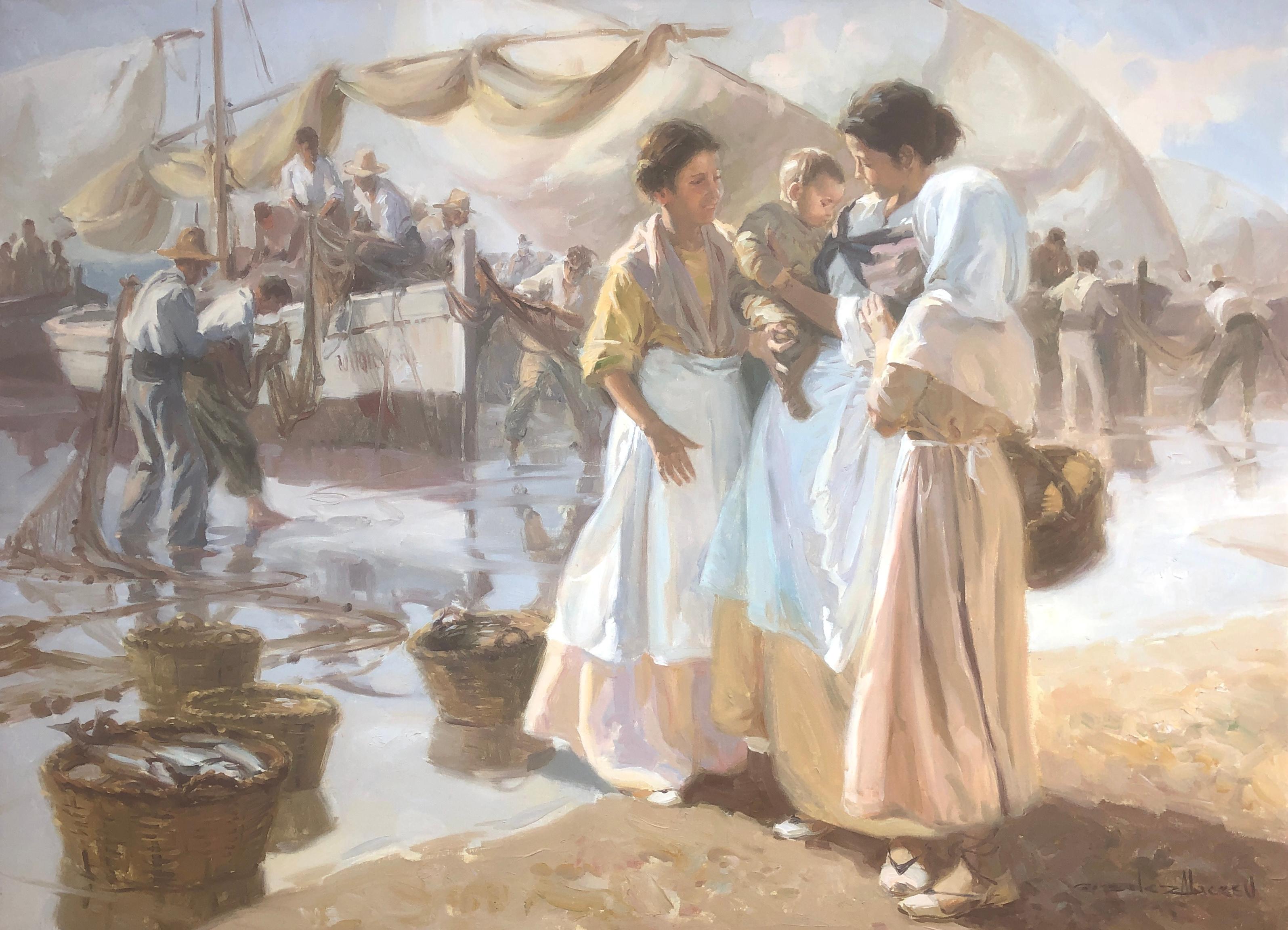 Juan Gonzalez Alacreu Figurative Painting - Fishermen and motherhood on the beach oil on canvas painting spanish seascape