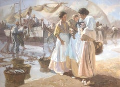 Fishermen and motherhood on the beach oil on canvas painting spanish seascape
