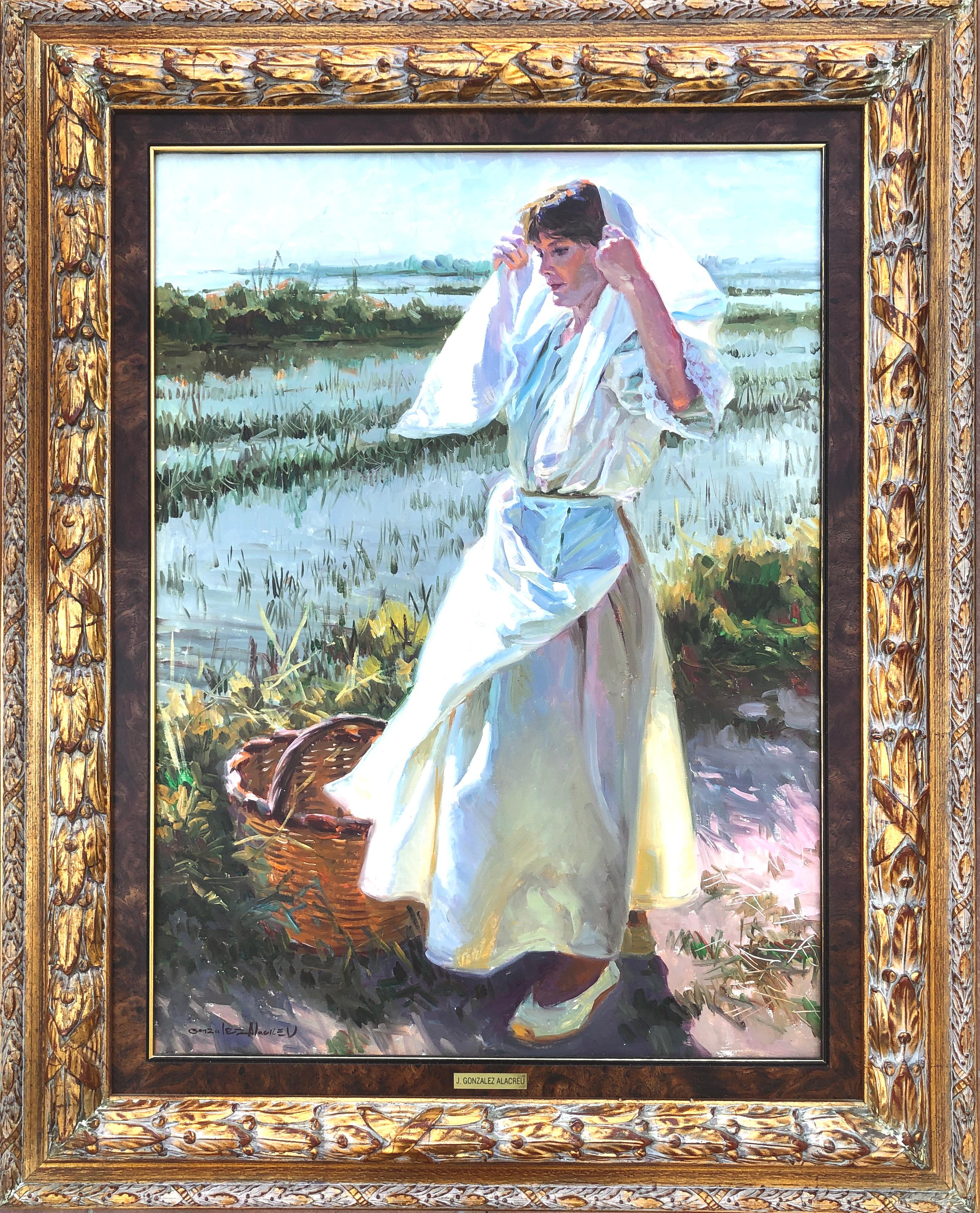 Mariscadora en la Albufera de Valencia España pintura al óleo sobre lienzo - Painting de Juan Gonzalez Alacreu