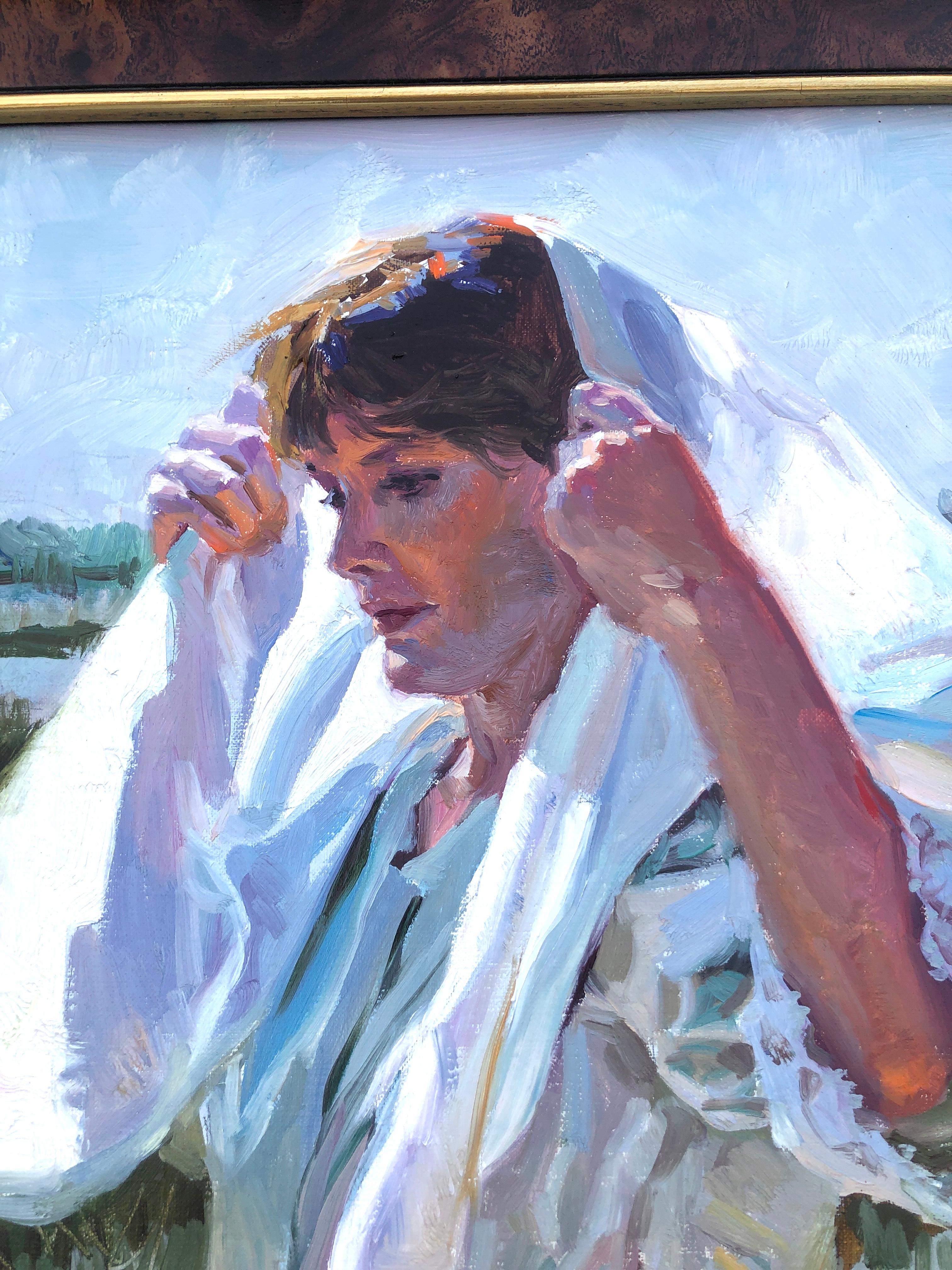 Mariscadora en la Albufera de Valencia España pintura al óleo sobre lienzo - Portrait Painting Gris de Juan Gonzalez Alacreu