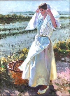 Shellfish Harvester in the Albufera of Valencia Spain oil on canvas painting
