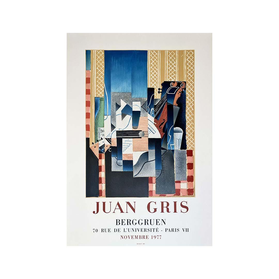Belle affiche d'exposition de Juan Gris éditée par Mourlot en 1977 pour la Gallery Berggruen Gallery. José Victoriano González, qui deviendra plus tard Juan Gris, est né à Madrid en 1887. Il abandonne ses études d'ingénieur pour commencer (1904) des