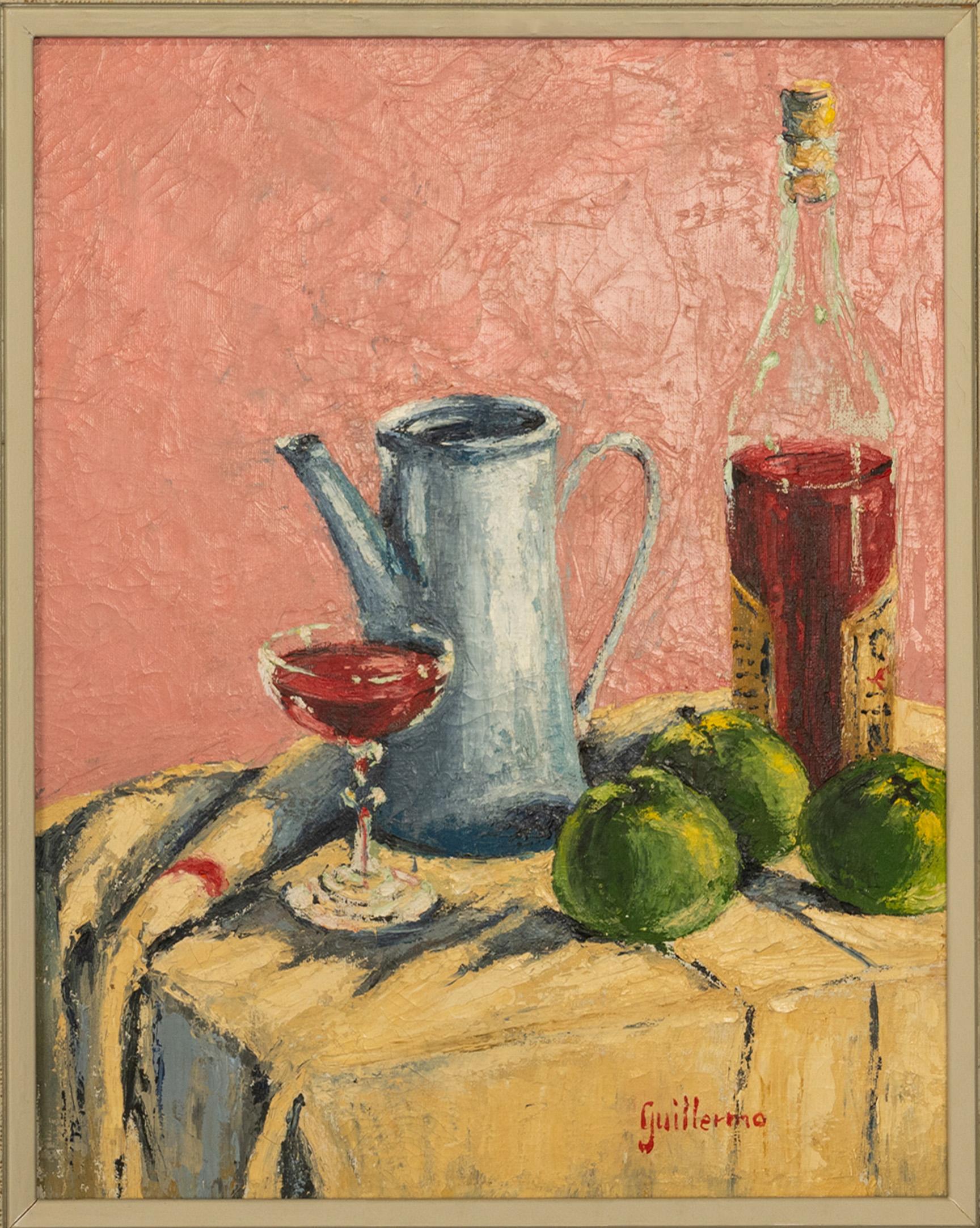 A good Spanish Modernist Abstract Impressionist painting by Juan Guillermo Rodriguez Baez (1916-1968), still life oil on canvas, circa 1950.
The painting depicts a table with a brightly colored cloth, with a bottle of wine and filled wine glass,