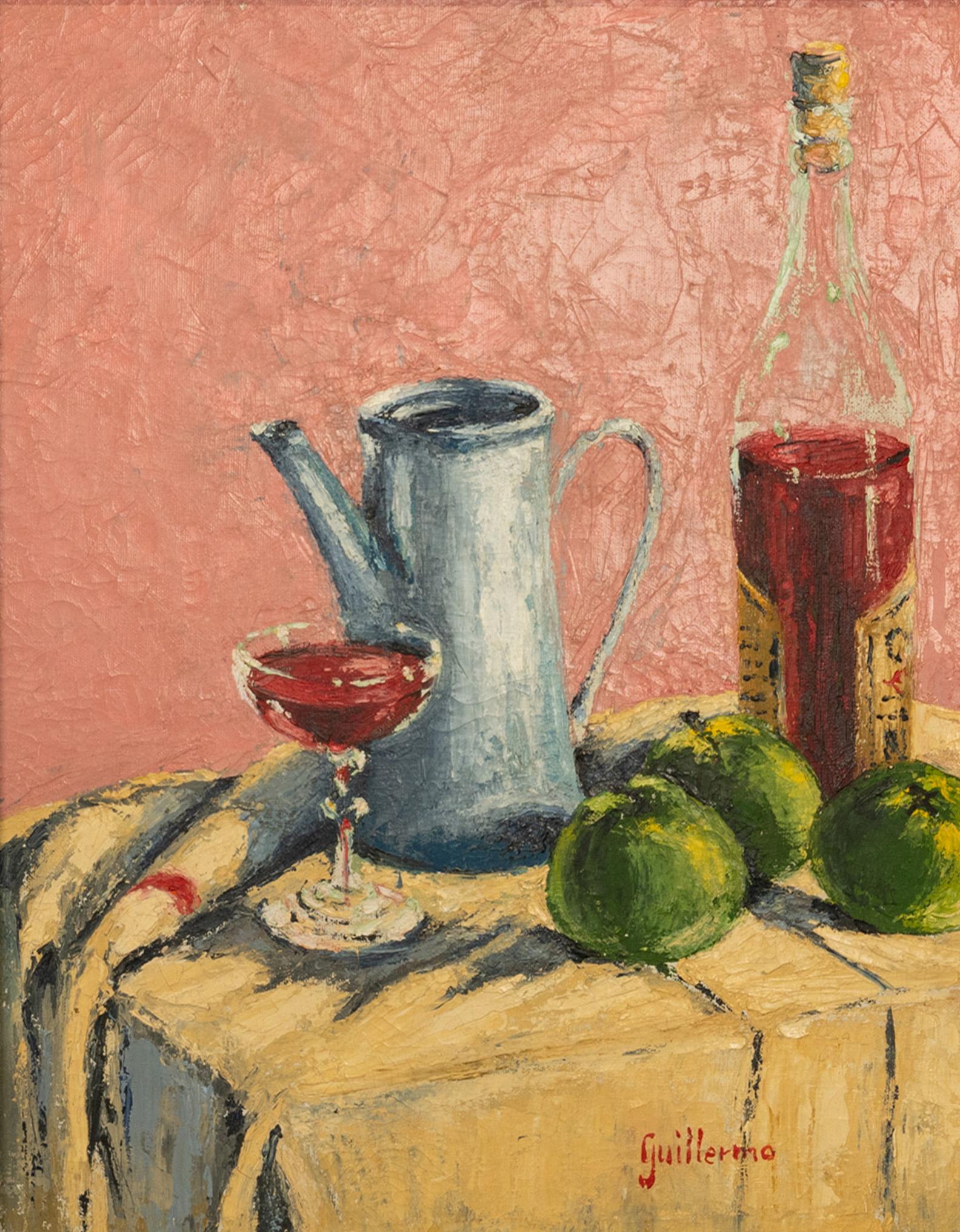  Modernistisches spanisches abstrakt-impressionistisches Ölgemälde auf Leinwand, Stillleben 1950  (Abstrakter Impressionismus), Painting, von Juan Guillermo