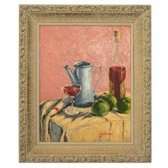 Retro  Modernist Spanish Abstract Impressionist Oil Canvas Still Life Painting 1950 