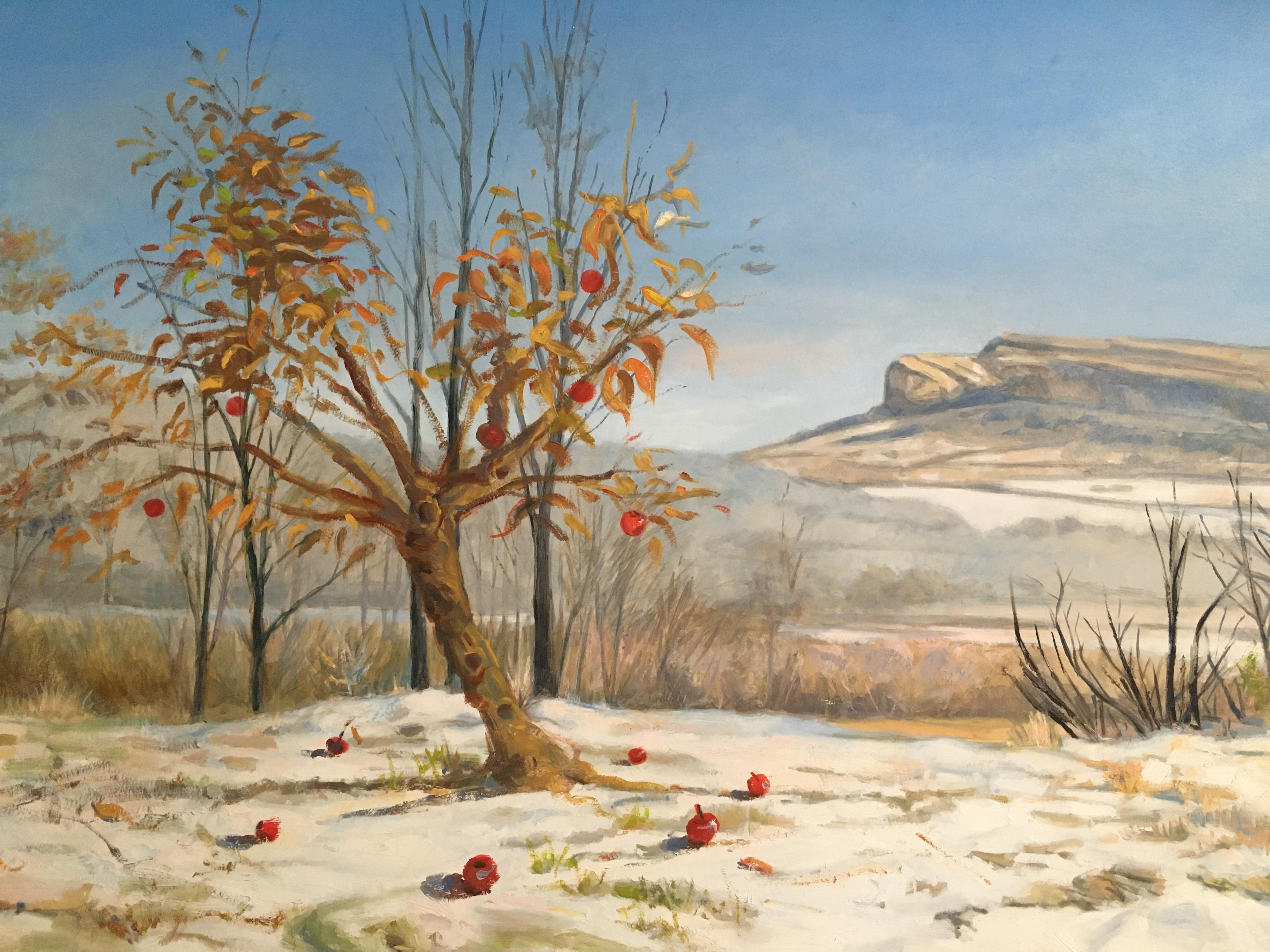 Apples in January  Oil on panel Post-Impressionist Large Format Living Landscape - Painting by Anhelo