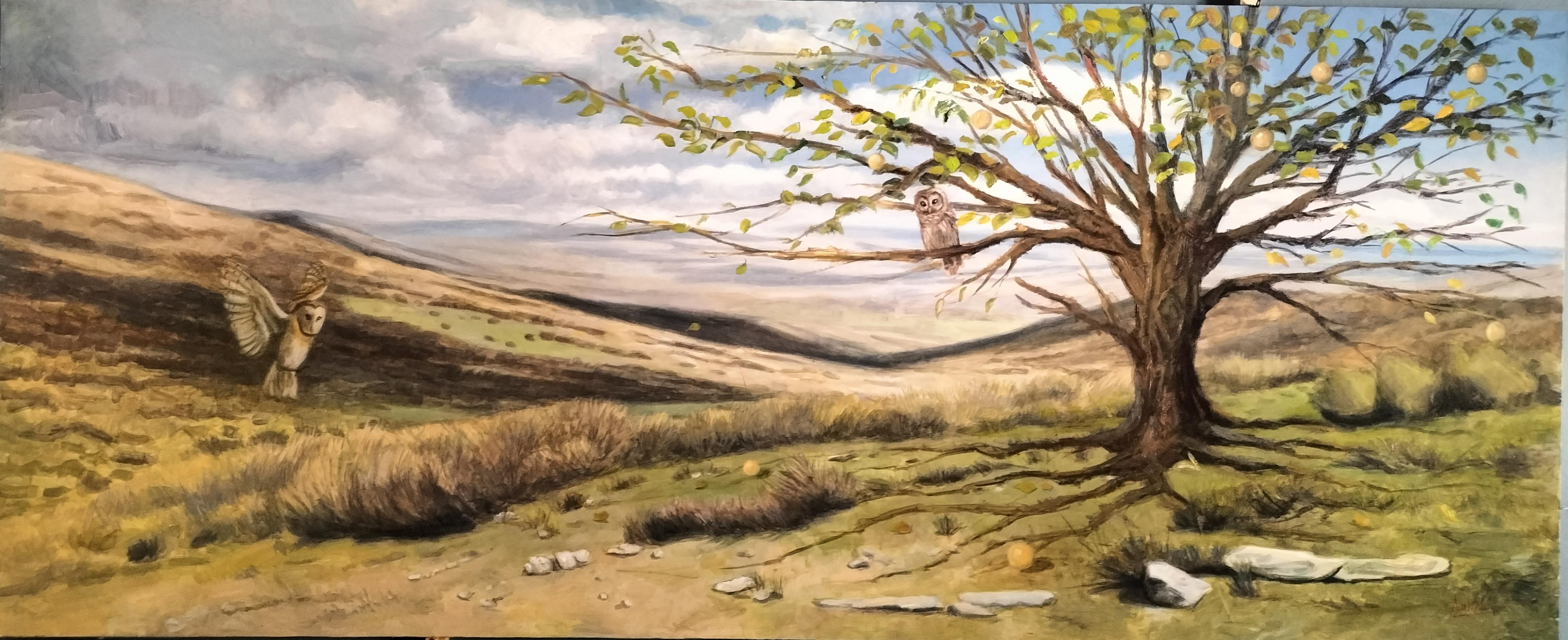 Juan Herrezuelo, Anhelo Landscape Painting - "Owls at Dawn", Oil on panel Post-Impressionist Large Format Living Landscape
