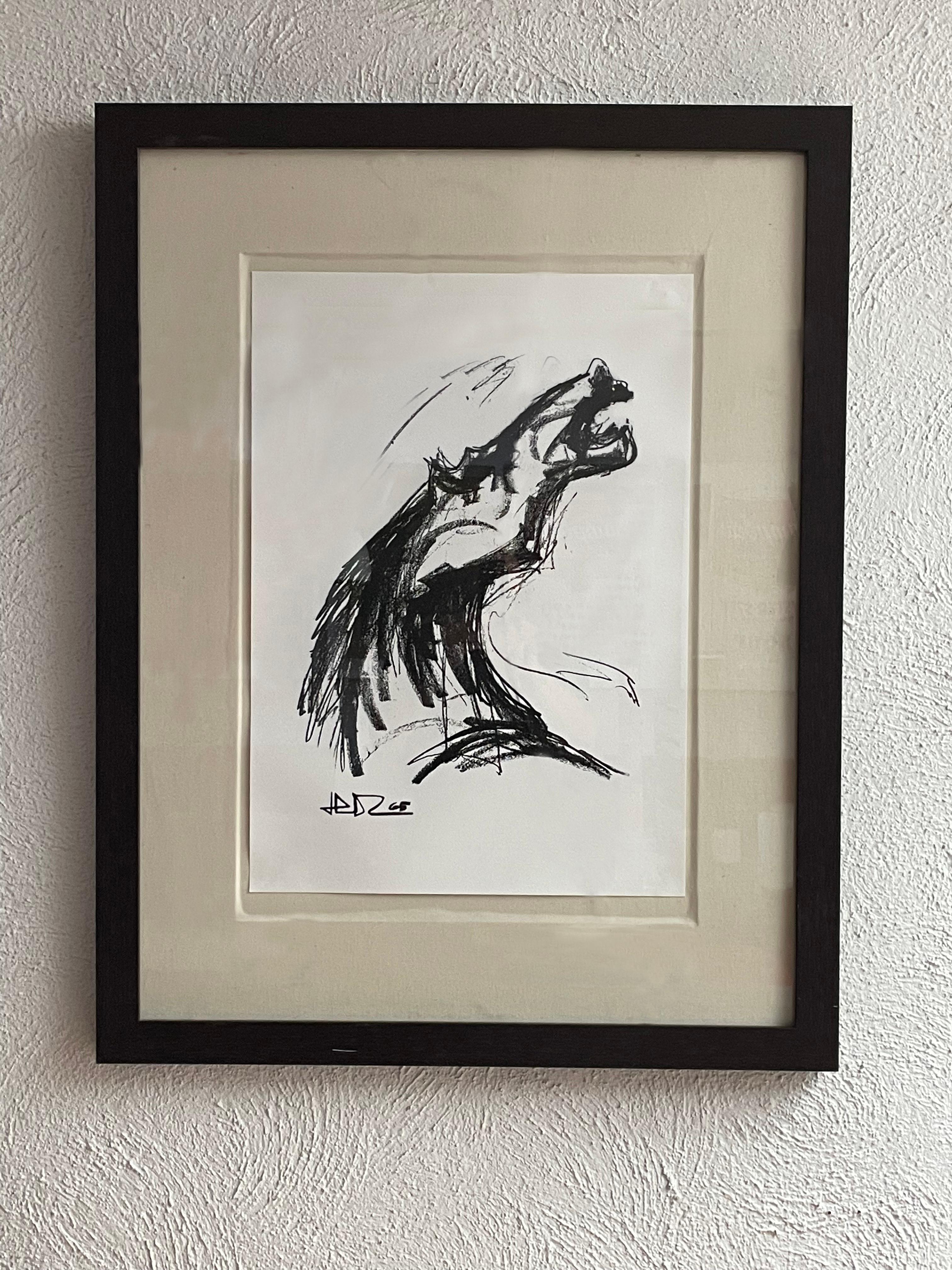 « Cheval appelé vent » - Gilet horizontal de cheval noir et blanc. - Moderne Print par Juan José Díaz Infante