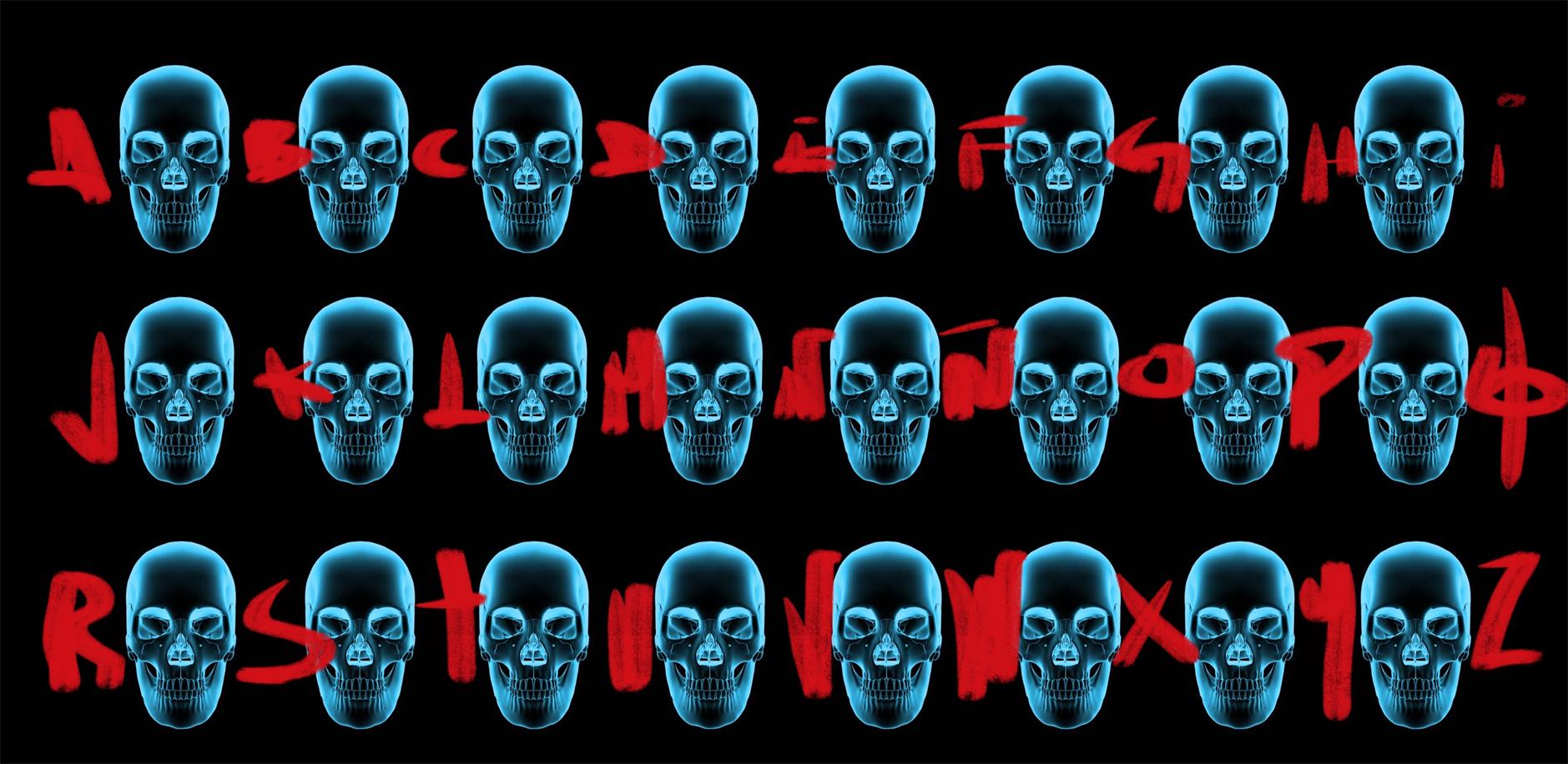 "Tzompantli" - Horizontal color digital print with skulls. - Art by Juan José Díaz Infante