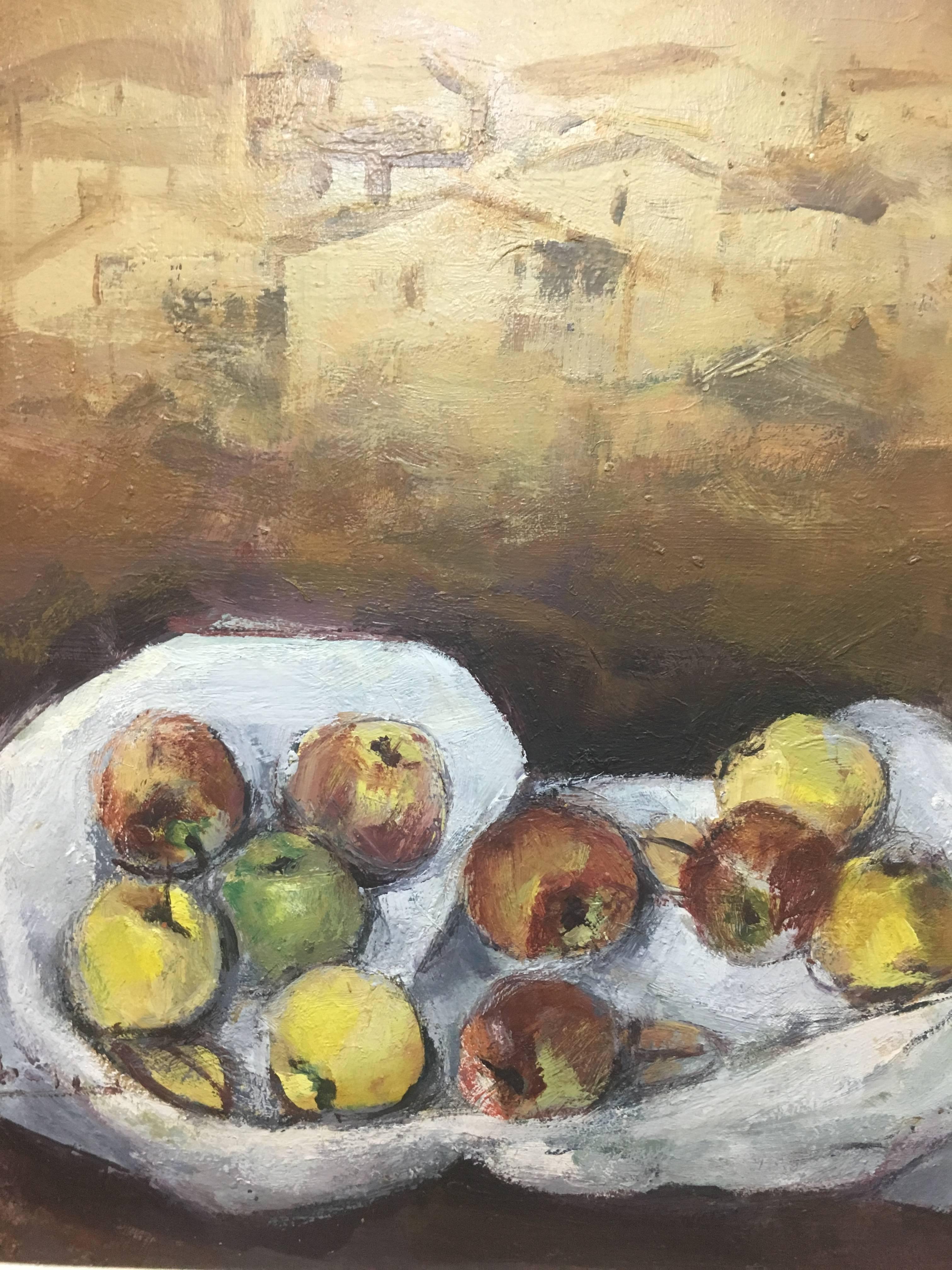 Abella  Frutas  Vertical   bodegón cubista original pintura acrílica - Still-Life Painting Marrón de Juan Jose Abella Rubio