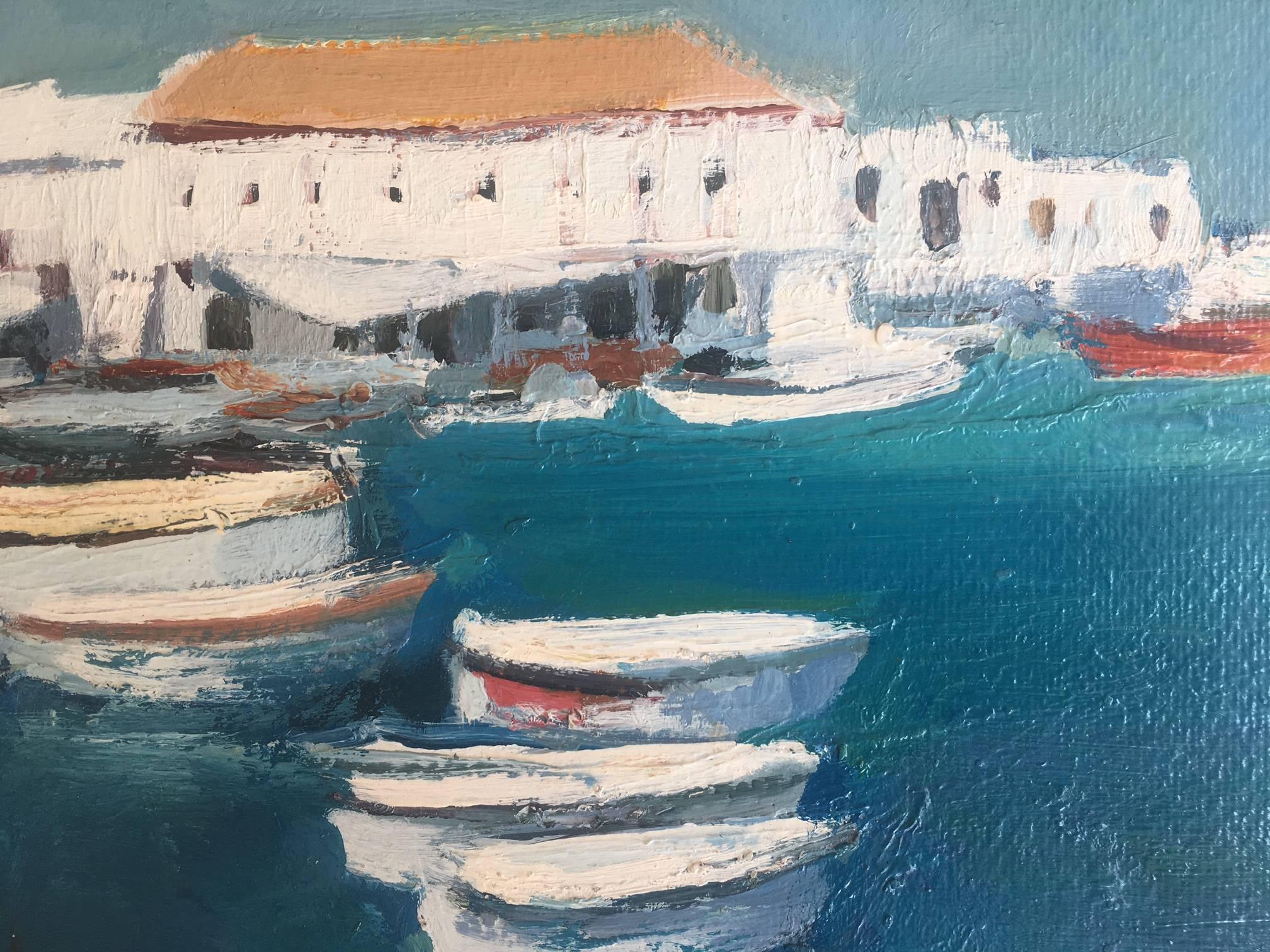 Abella- Marine Menorca Originale acrilico cubista  Pittura 
Juan Jose Abella Rubio è nato a Estercuel, una frazione del bacino minerario di Teruel, nel marzo del 1944. Nella sua pittura sono ben presenti i colori ocra e rossastri del suo primo