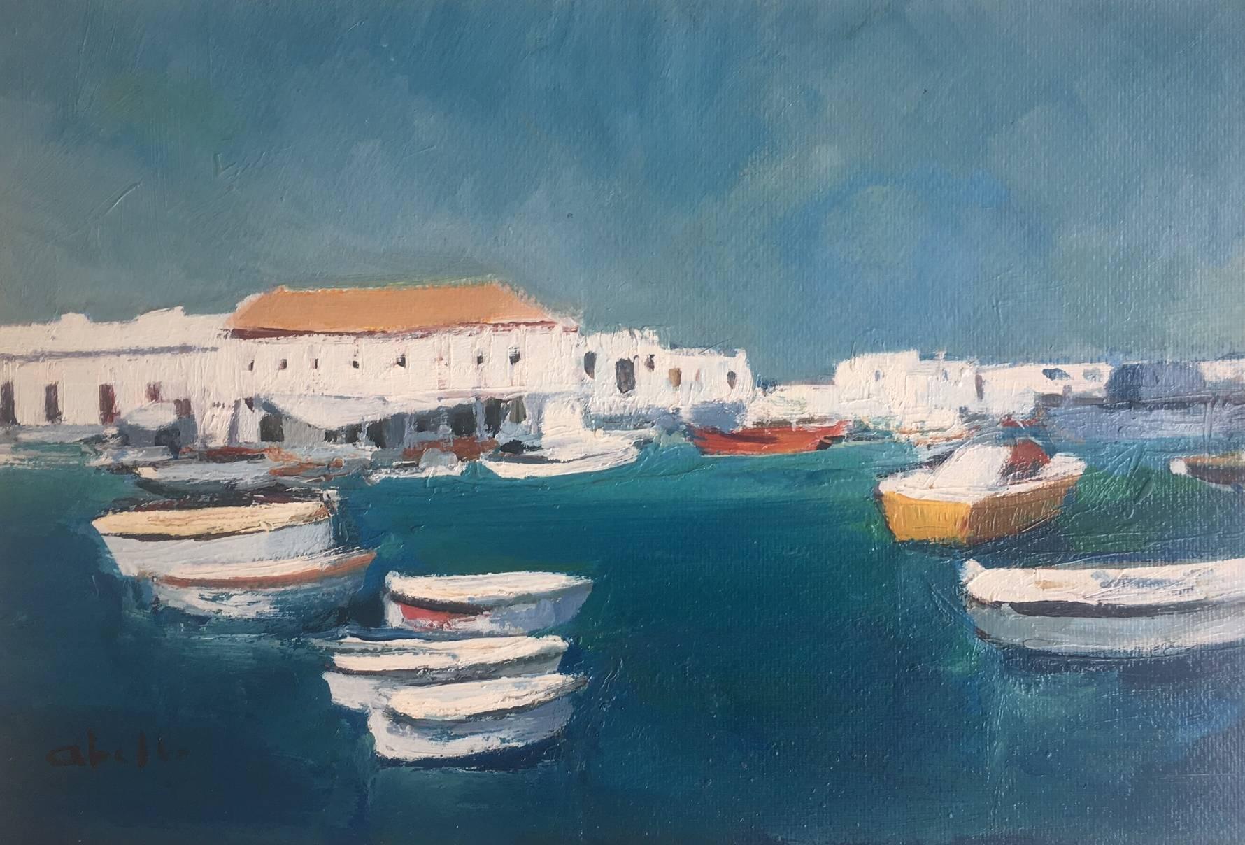 Abella- Marine Menorca Original cubist acrylic  Painting 
Juan Jose Abella Rubio was born in Estercuel, a hamlet anchored in the Teruel mining basin in March 1944. In his painting the ocher and reddish colors of his first environment are well