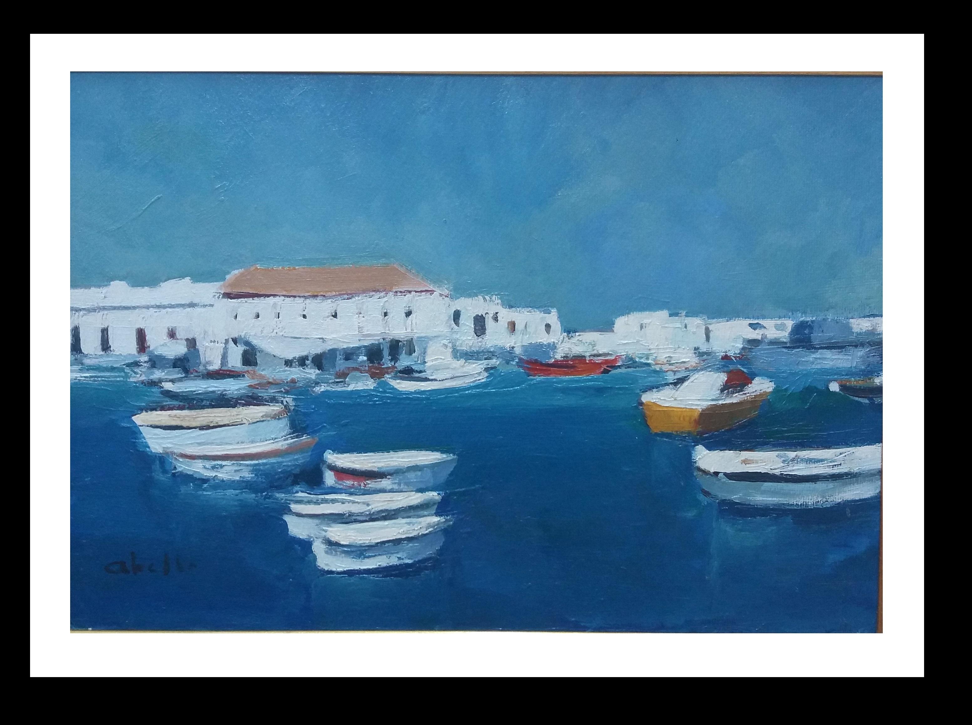 Juan Jose Abella Rubio Landscape Painting -  Abella   Coast Boats. Marine Menorca Original Cubist acrylic  Painting