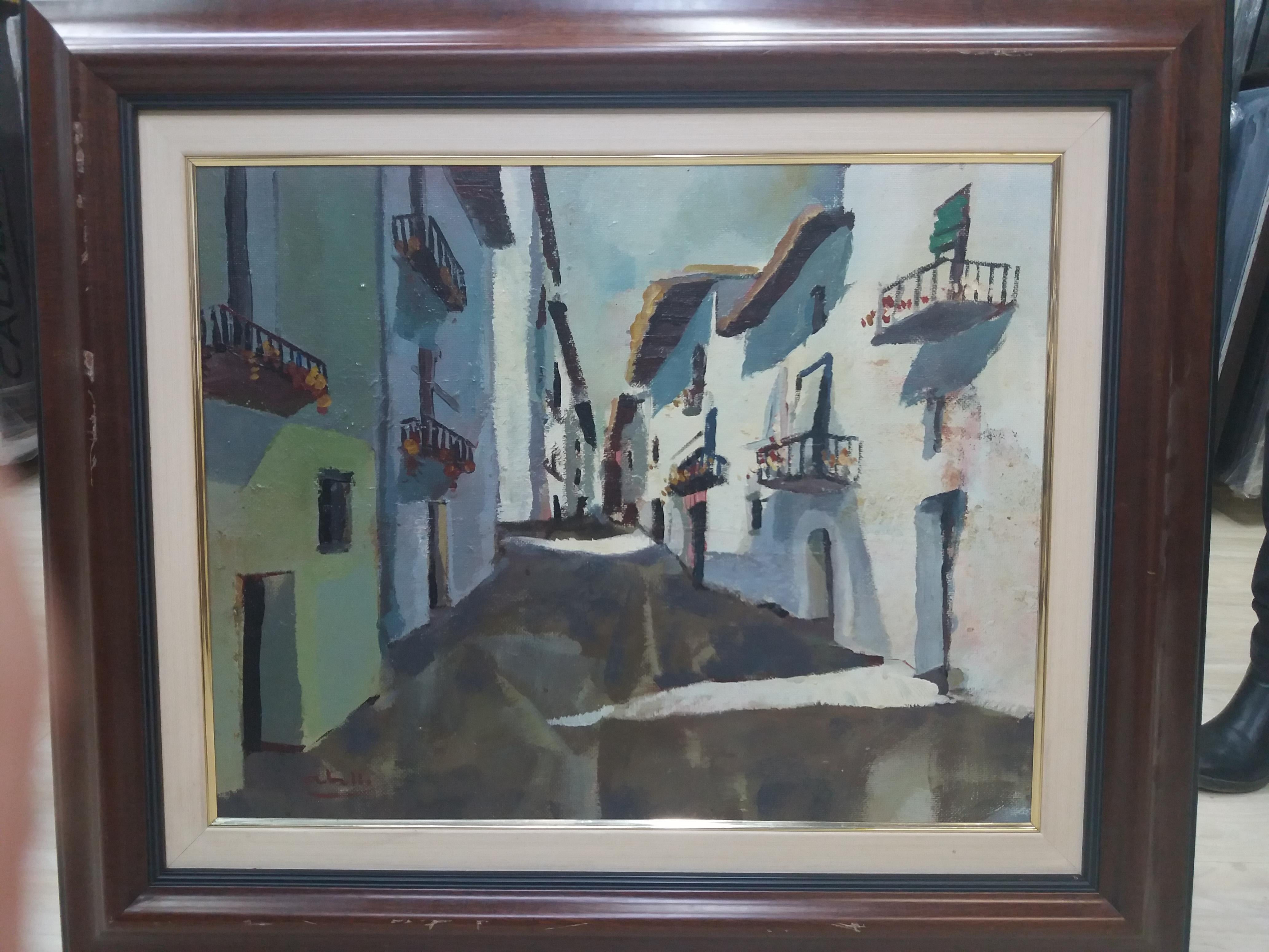 Peinture acrylique cubiste originale d'Abella Town Street - Painting de Juan Jose Abella Rubio