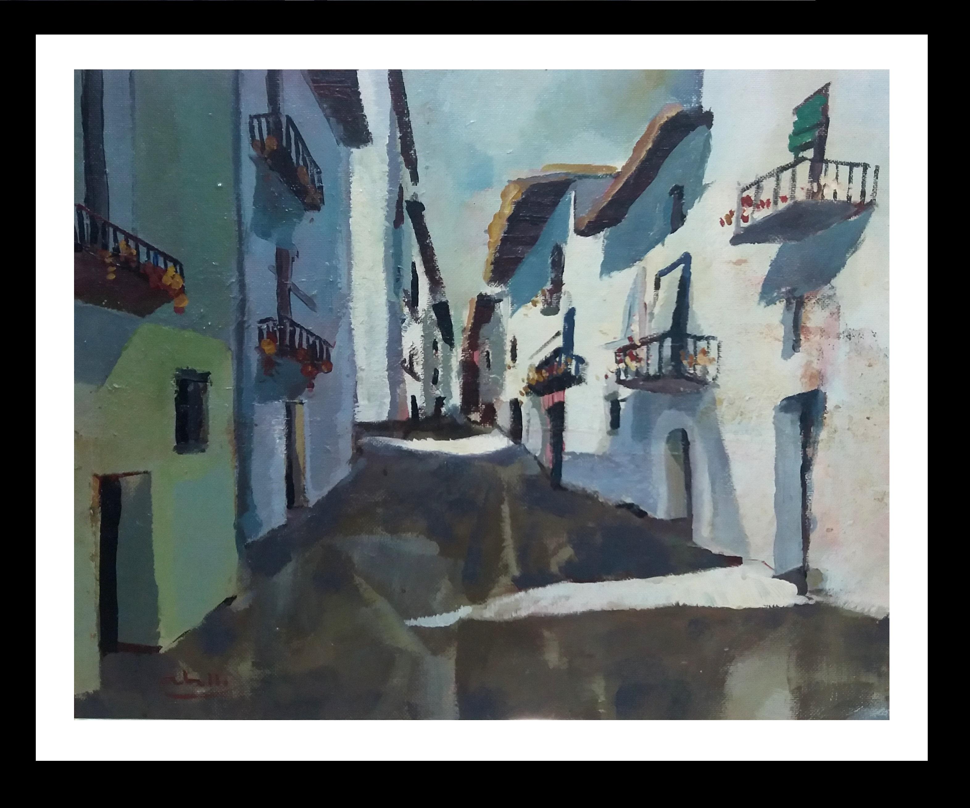 Peinture acrylique cubiste originale d'Abella Town Street - Expressionniste Painting par Juan Jose Abella Rubio