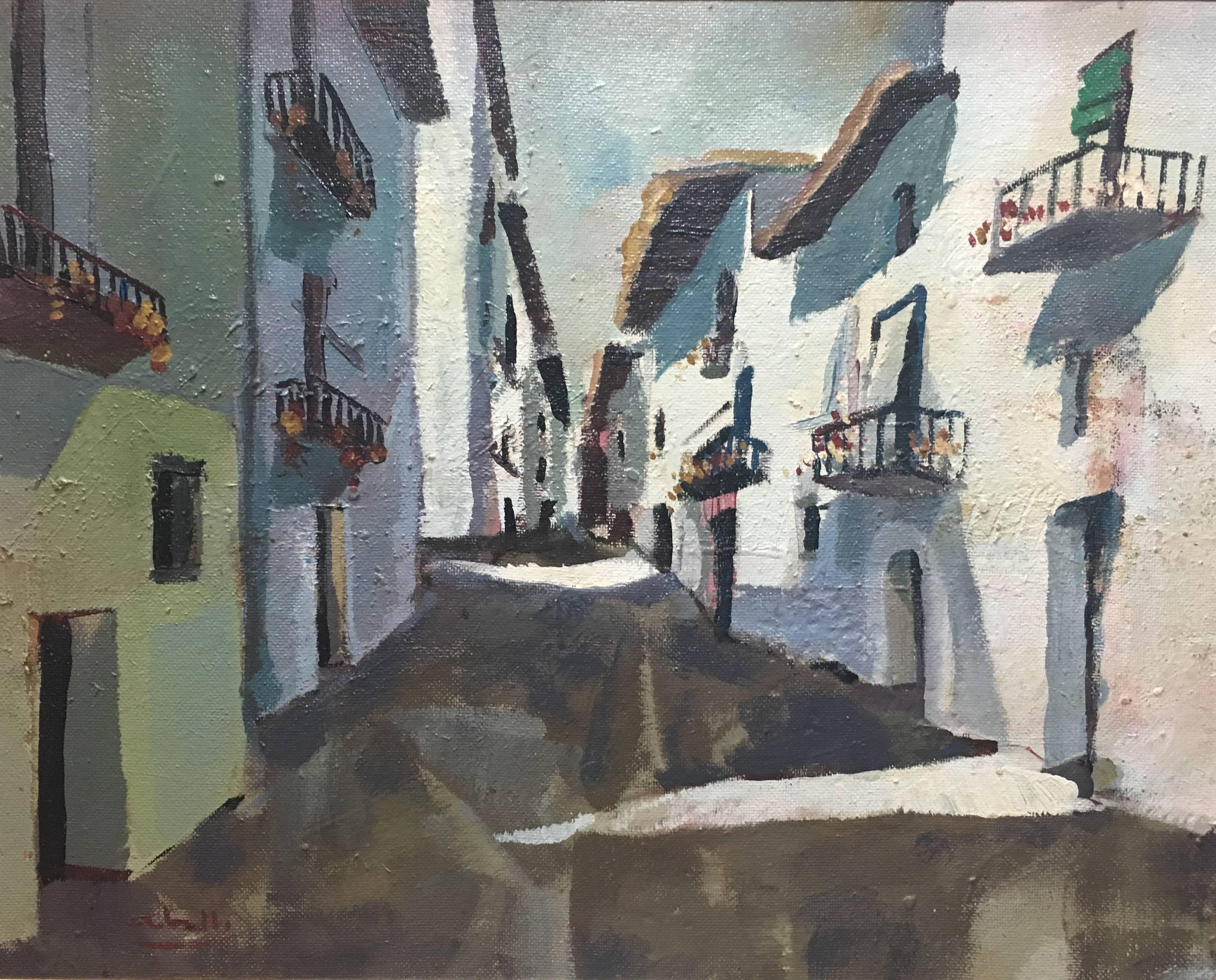 Peinture acrylique cubiste originale d'Abella Town Street - Marron Landscape Painting par Juan Jose Abella Rubio