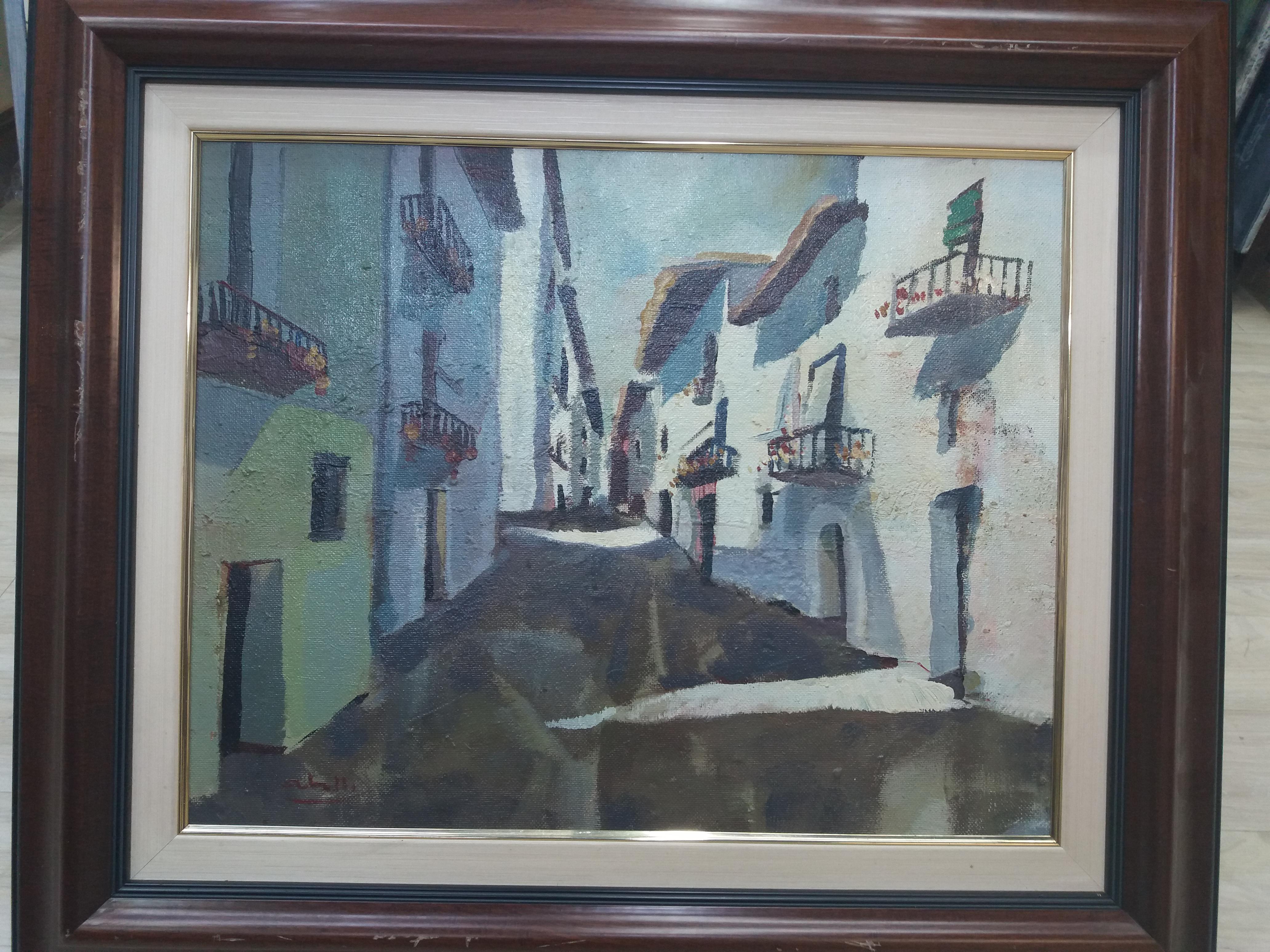 Abella   Town Street Original landscape Cubist acrylic painting For Sale 4