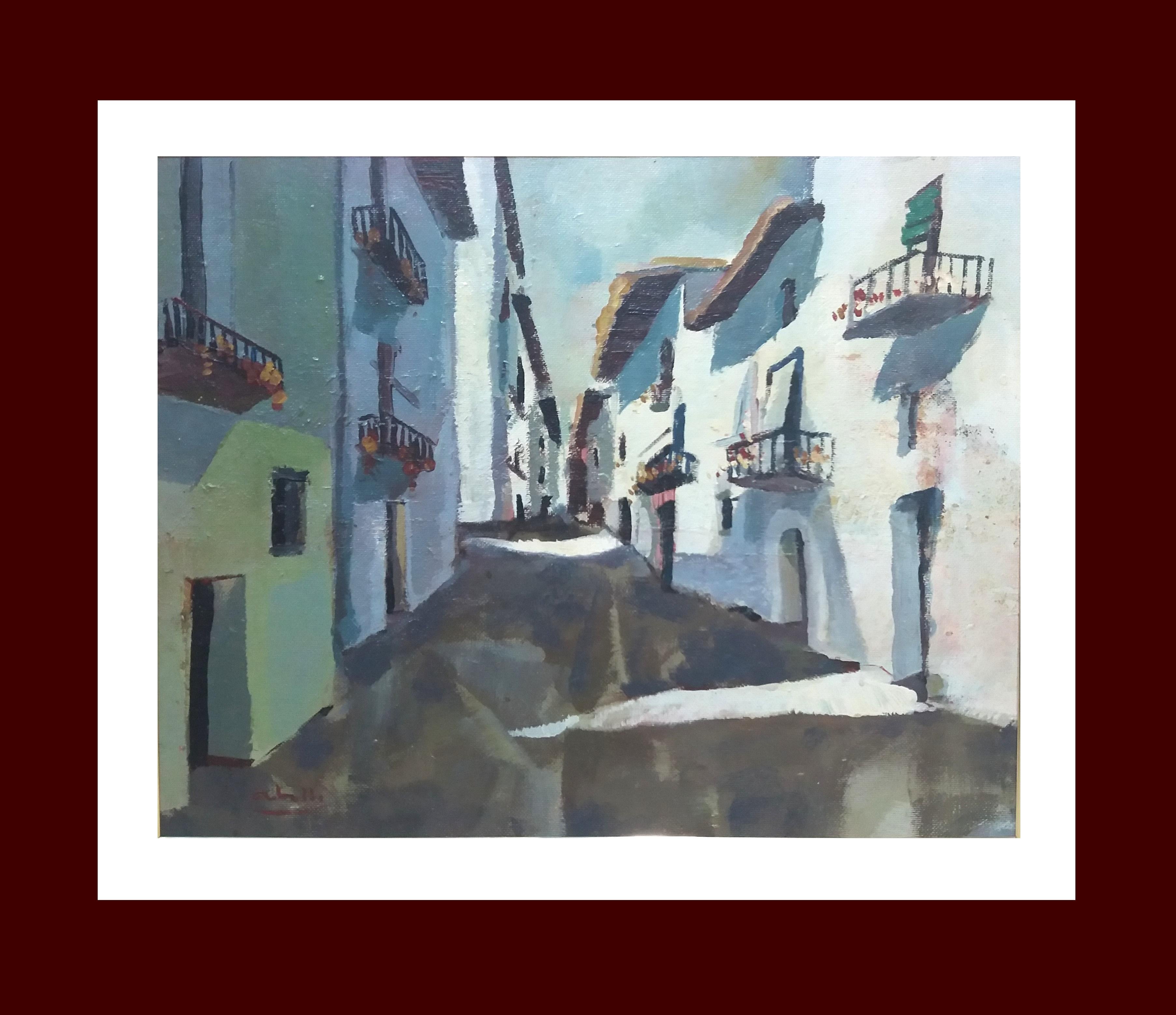  Abella   Town Street Original landscape Cubist acrylic painting