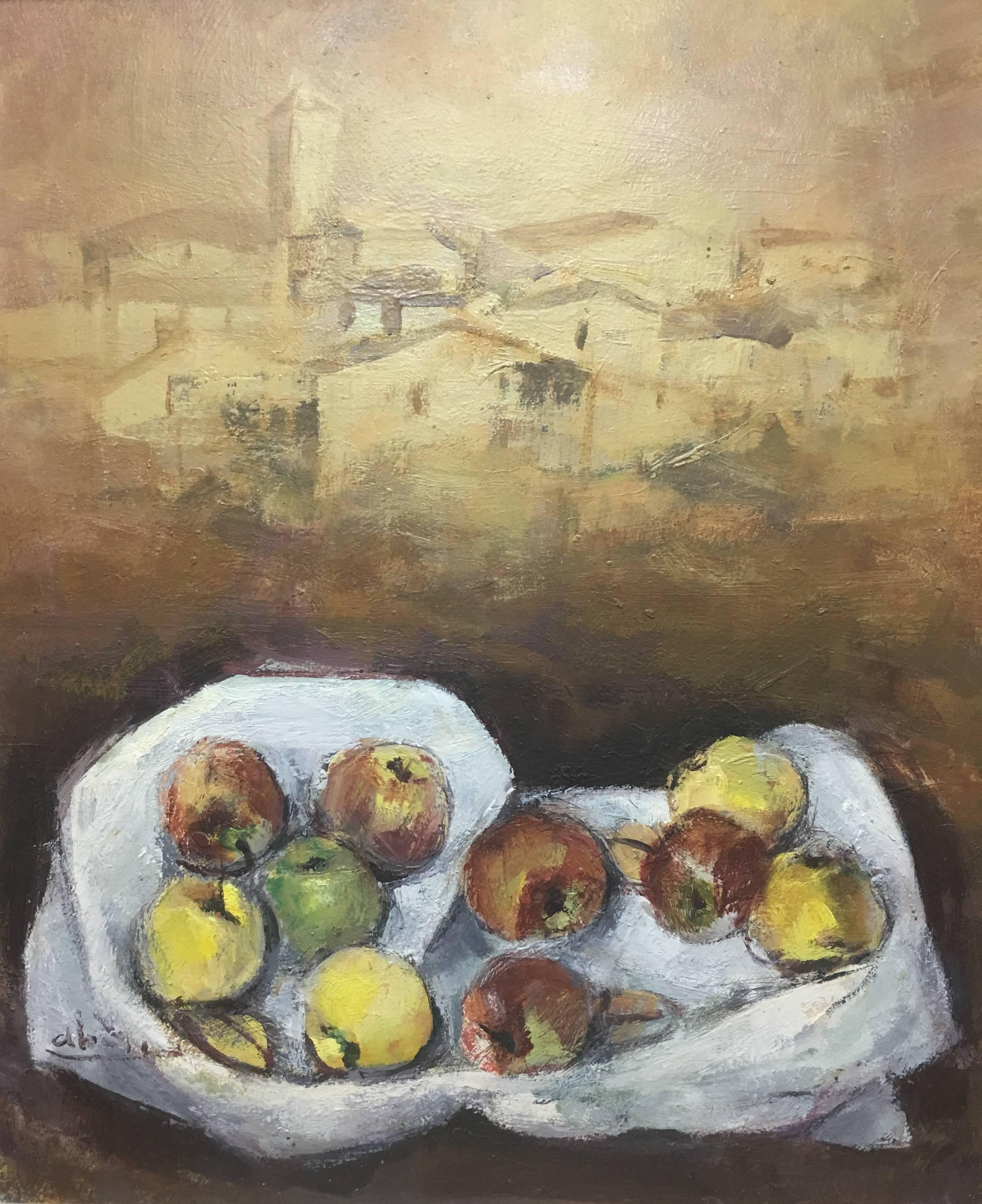 Abella 18 Fruits  Vertical   original still life Cubist acrylic painting - Brown Still-Life Painting by Juan Jose Abella Rubio