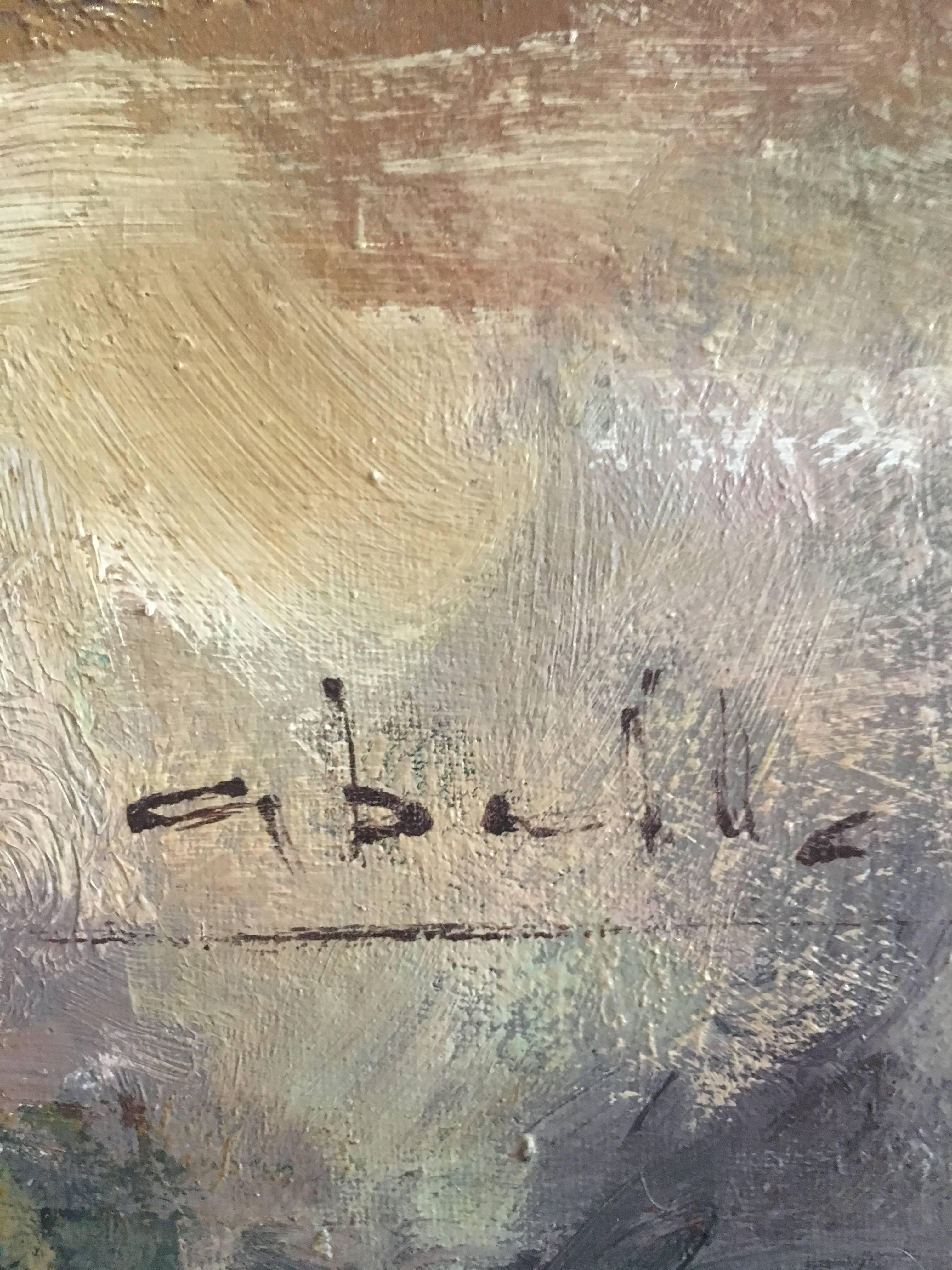 Abella. Still lafe cubist original  peinture acrylique sur toile
Juan Jose Abella Rubio est né à Estercuel, un hameau ancré dans le bassin minier de Teruel, en mars 1944. Dans sa peinture, les couleurs ocre et rougeâtres de son premier environnement