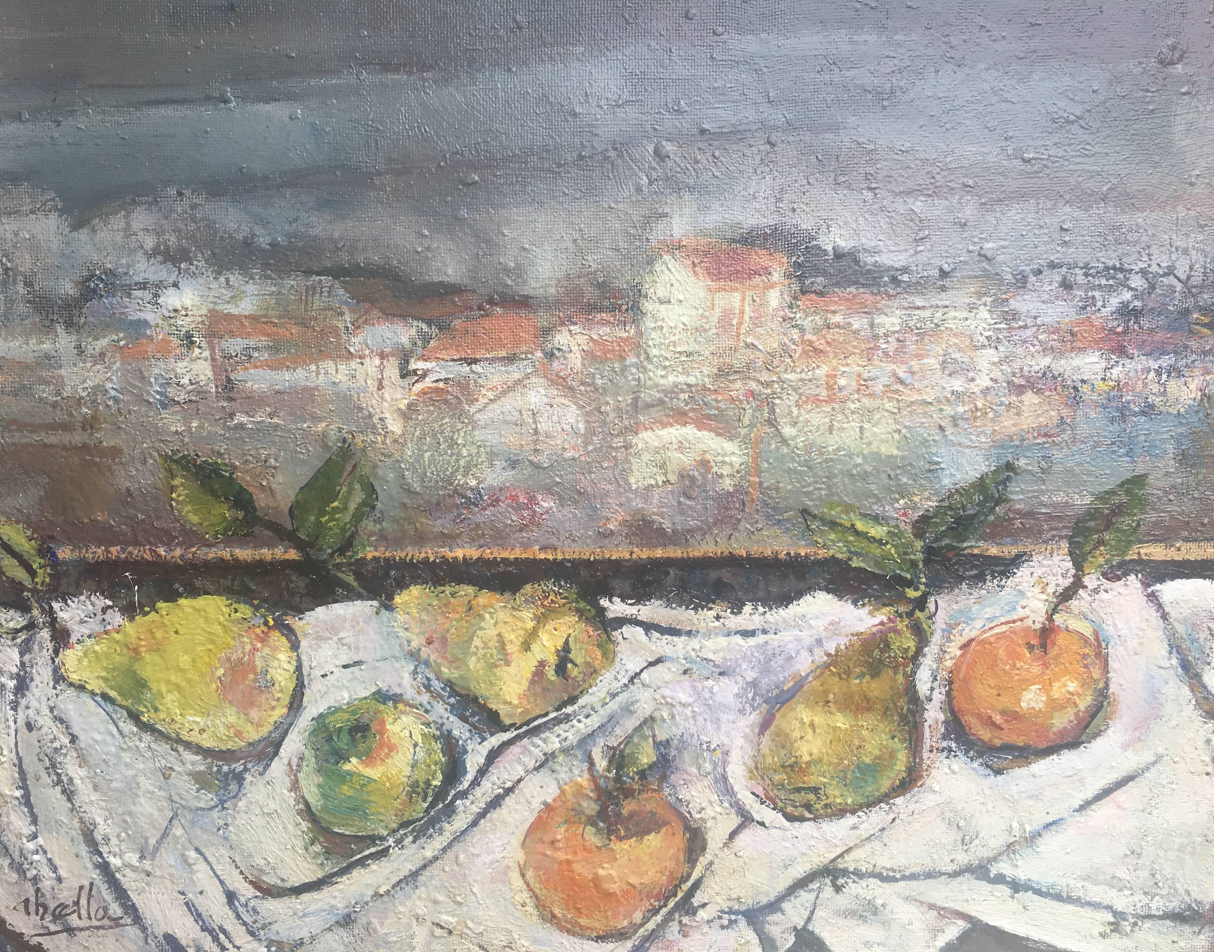 Abella 7  Frutta  Pittura acrilica cubista originale Still-life - Painting di Juan Jose Abella Rubio