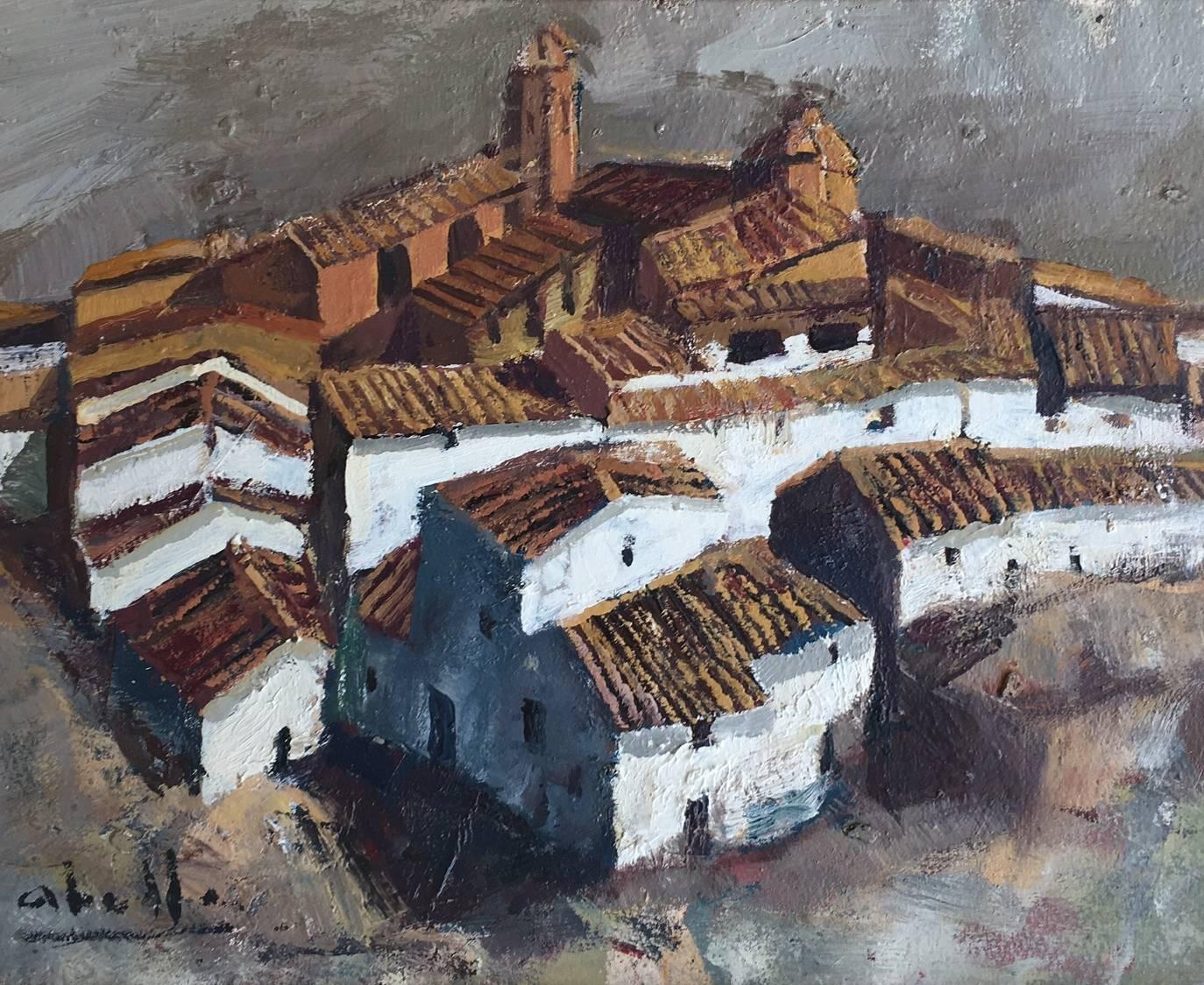  Abella    Town Original Landscape Cubist acrylic painting - Painting by Juan Jose Abella Rubio