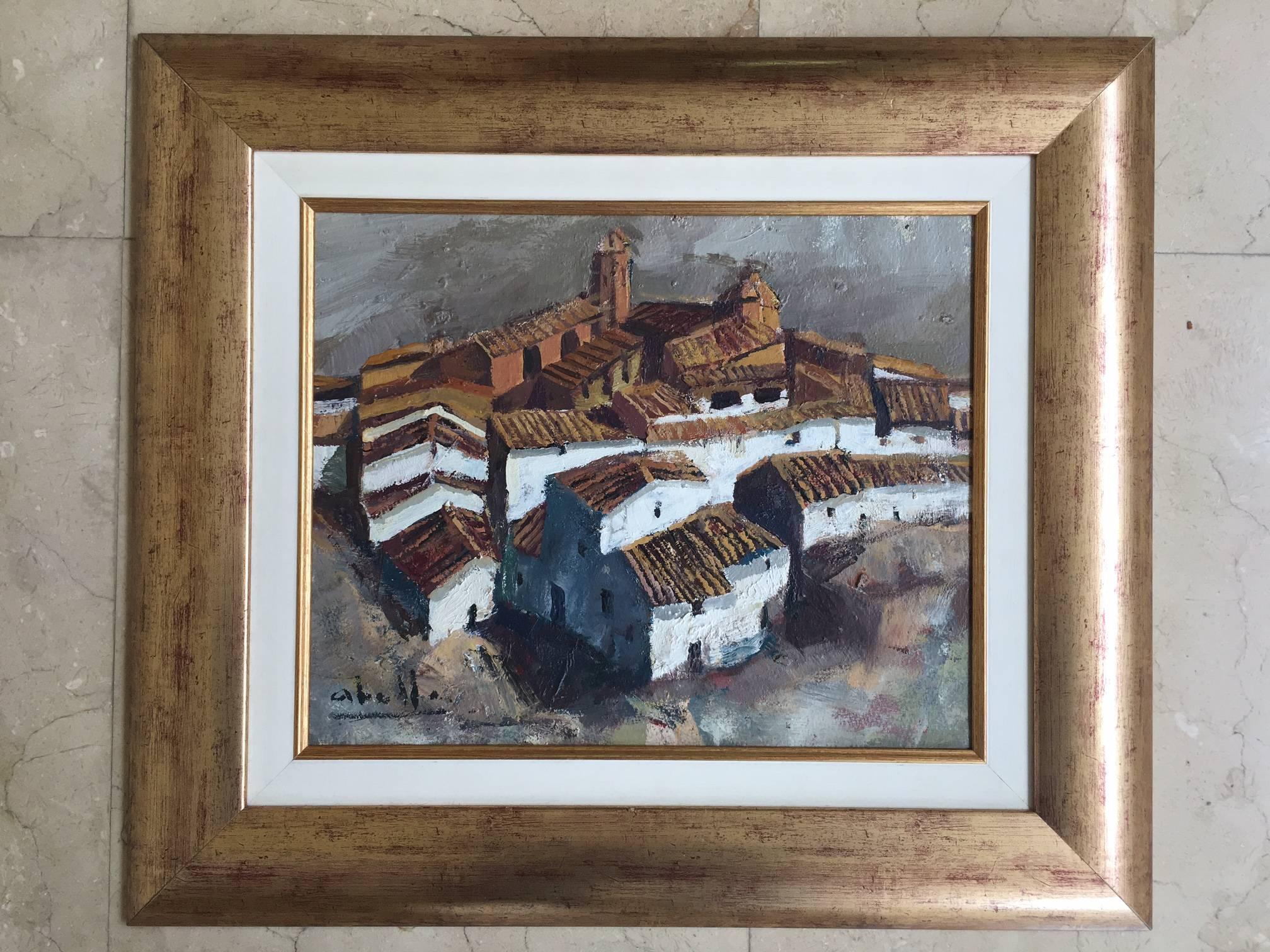 
Abella. Original landscape cubist acrylic painting 
Juan Jose Abella Rubio was born in Estercuel, a hamlet anchored in the Teruel mining basin in March 1944. In his painting the ocher and reddish colors of his first environment are well present.
In
