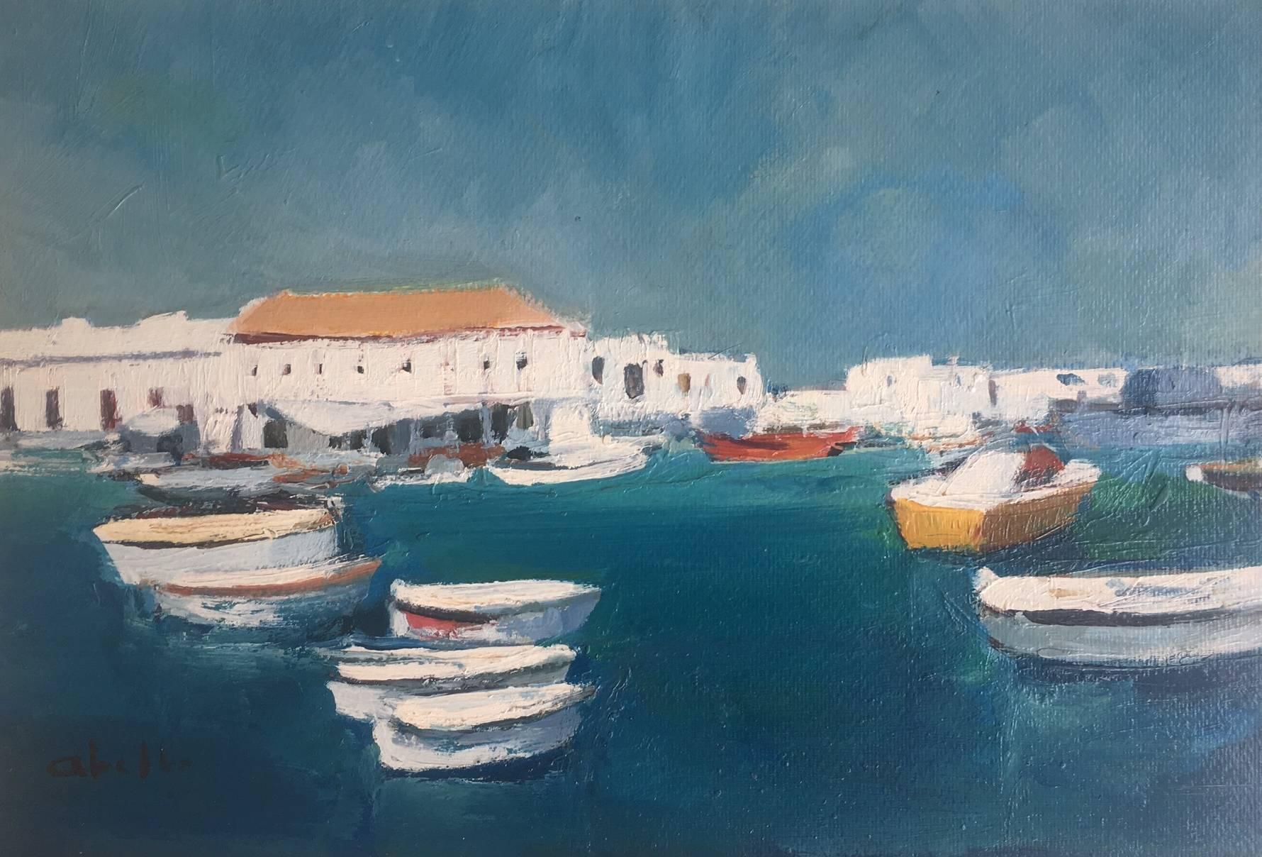Abella   Bateaux de la côte. Acrylique cubiste originale de la marine Menorca  Peinture - Impressionnisme Painting par Juan Jose Abella Rubio