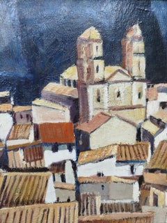 Abella Cubist Landscape Oil Painting, Framed, Late 20th Century