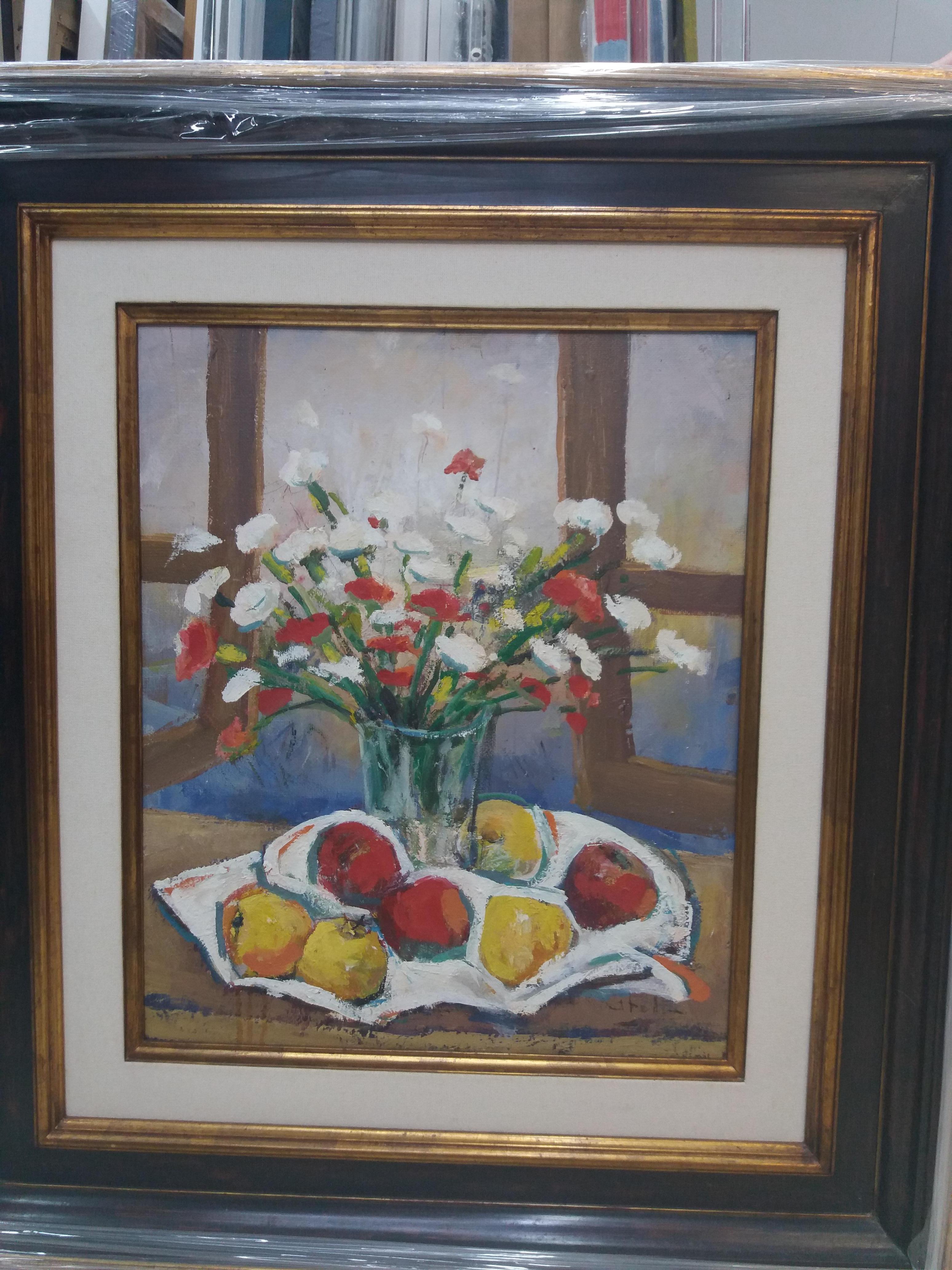 Abella  Fiori e frutti   pittura acrilica cubista originale di natura morta - Painting di Juan Jose Abella Rubio