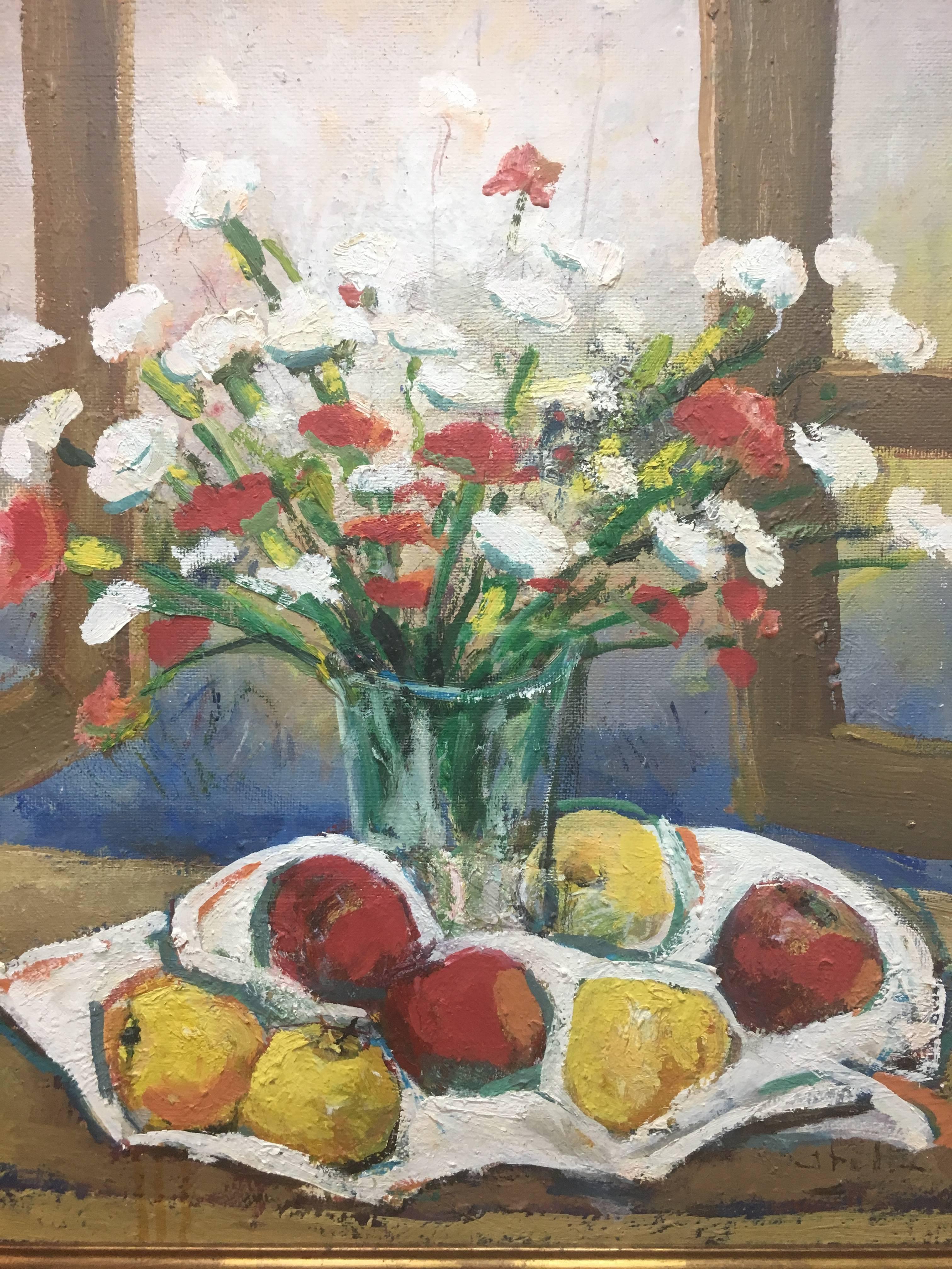 Abella  Fiori e frutti   pittura acrilica cubista originale di natura morta - Still-Life Painting Marrone di Juan Jose Abella Rubio