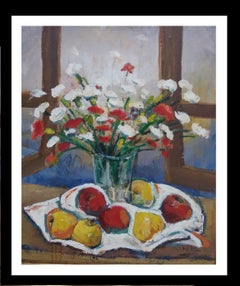  Abella, Flowers and Fruits,  original still life Cubist acrylic painting