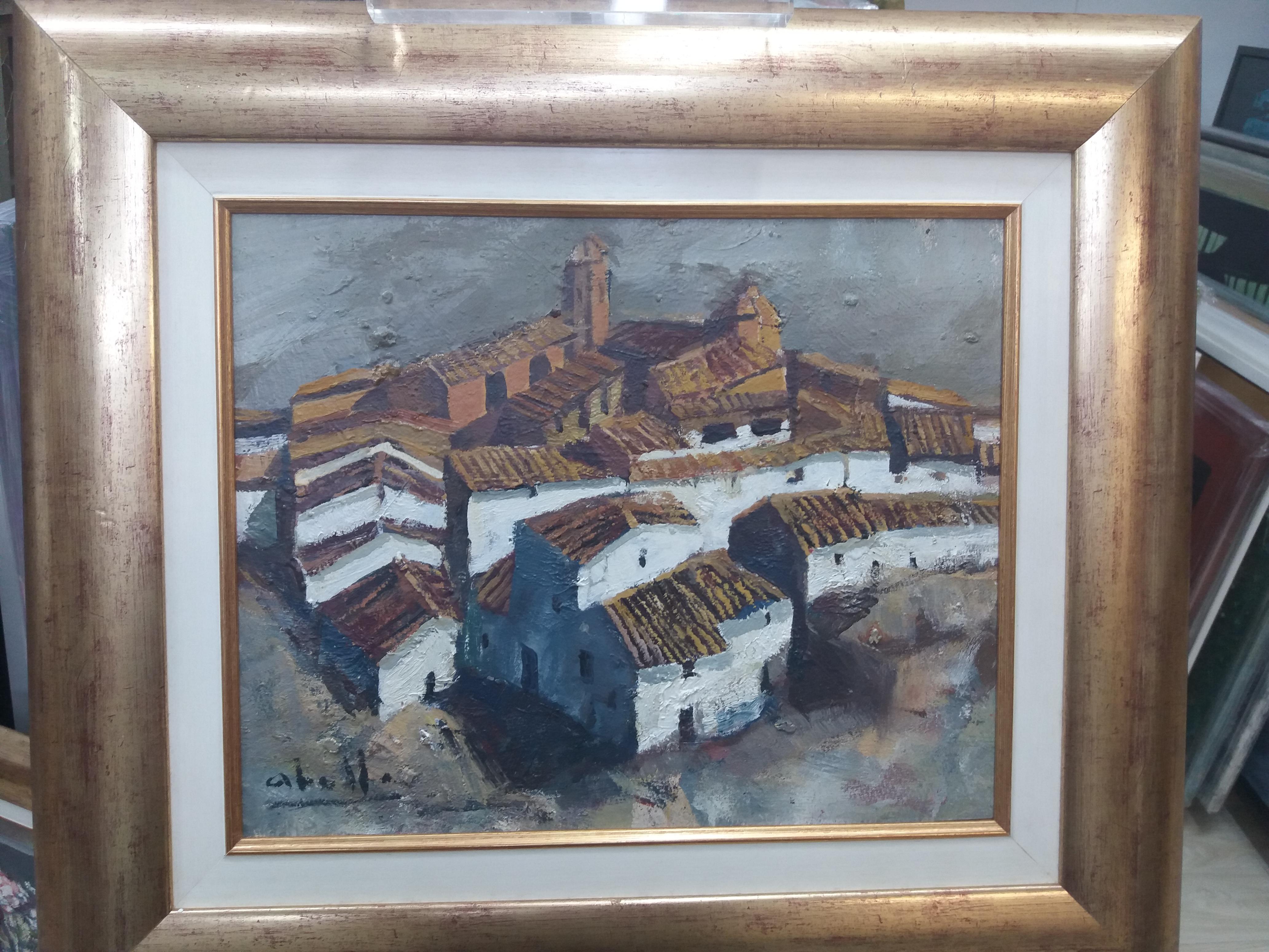 
Abella. Pittura acrilica cubista originale di paesaggio 
Juan Jose Abella Rubio è nato a Estercuel, una frazione del bacino minerario di Teruel, nel marzo del 1944. Nella sua pittura sono ben presenti i colori ocra e rossastri del suo primo