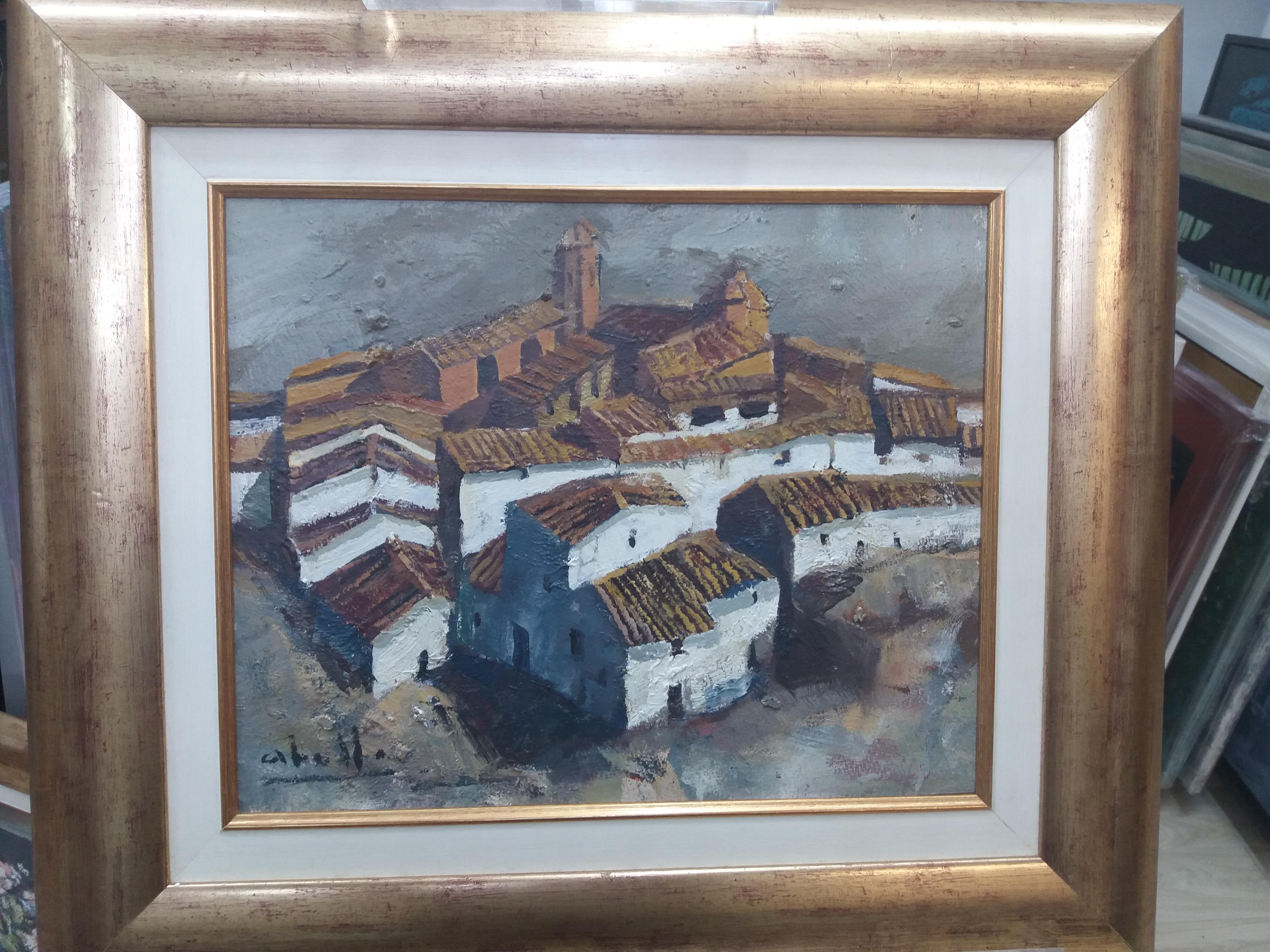 Abella    Città Pittura acrilica cubista originale di paesaggio in vendita 1