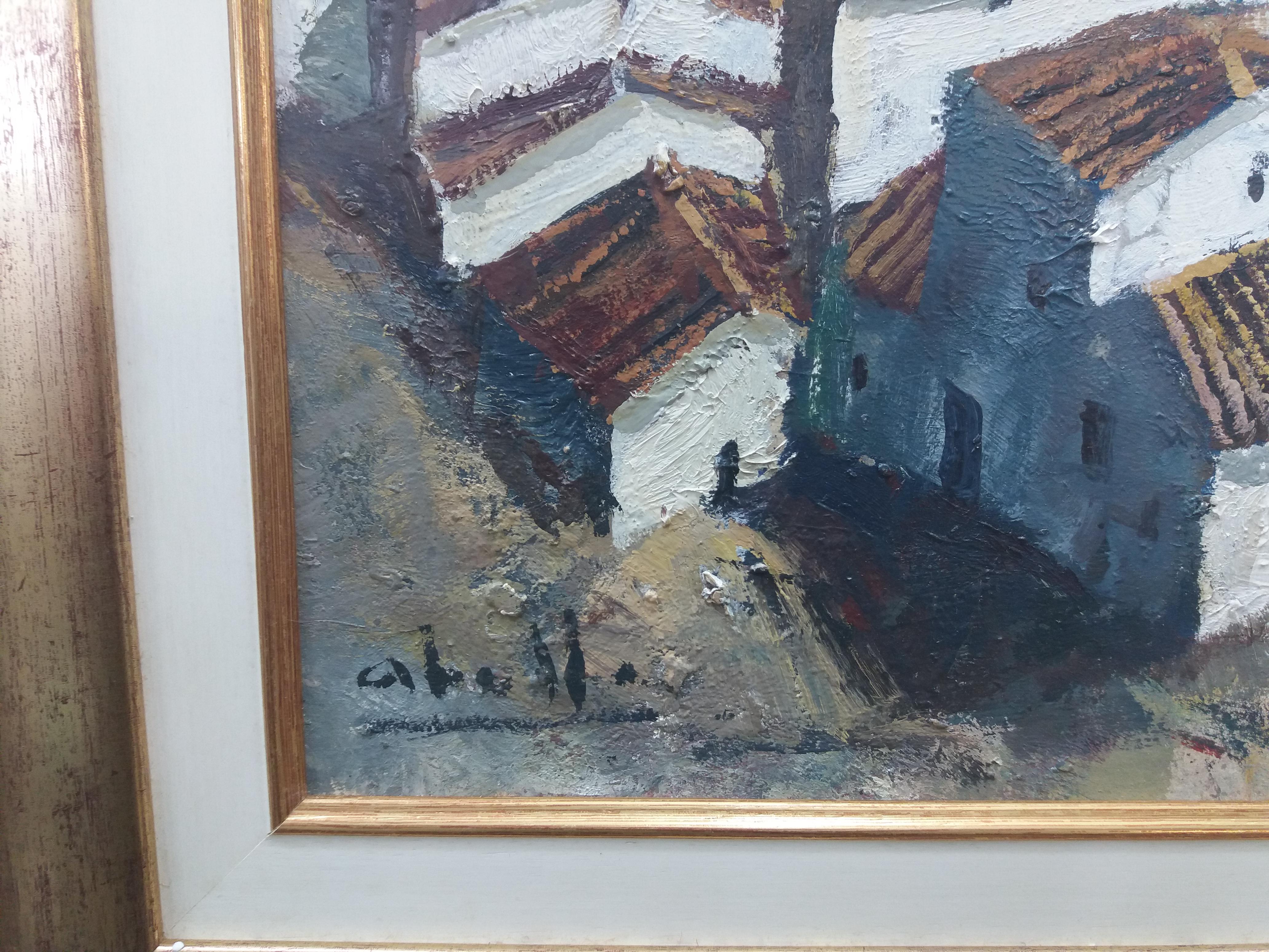 Abella    Città Pittura acrilica cubista originale di paesaggio in vendita 2