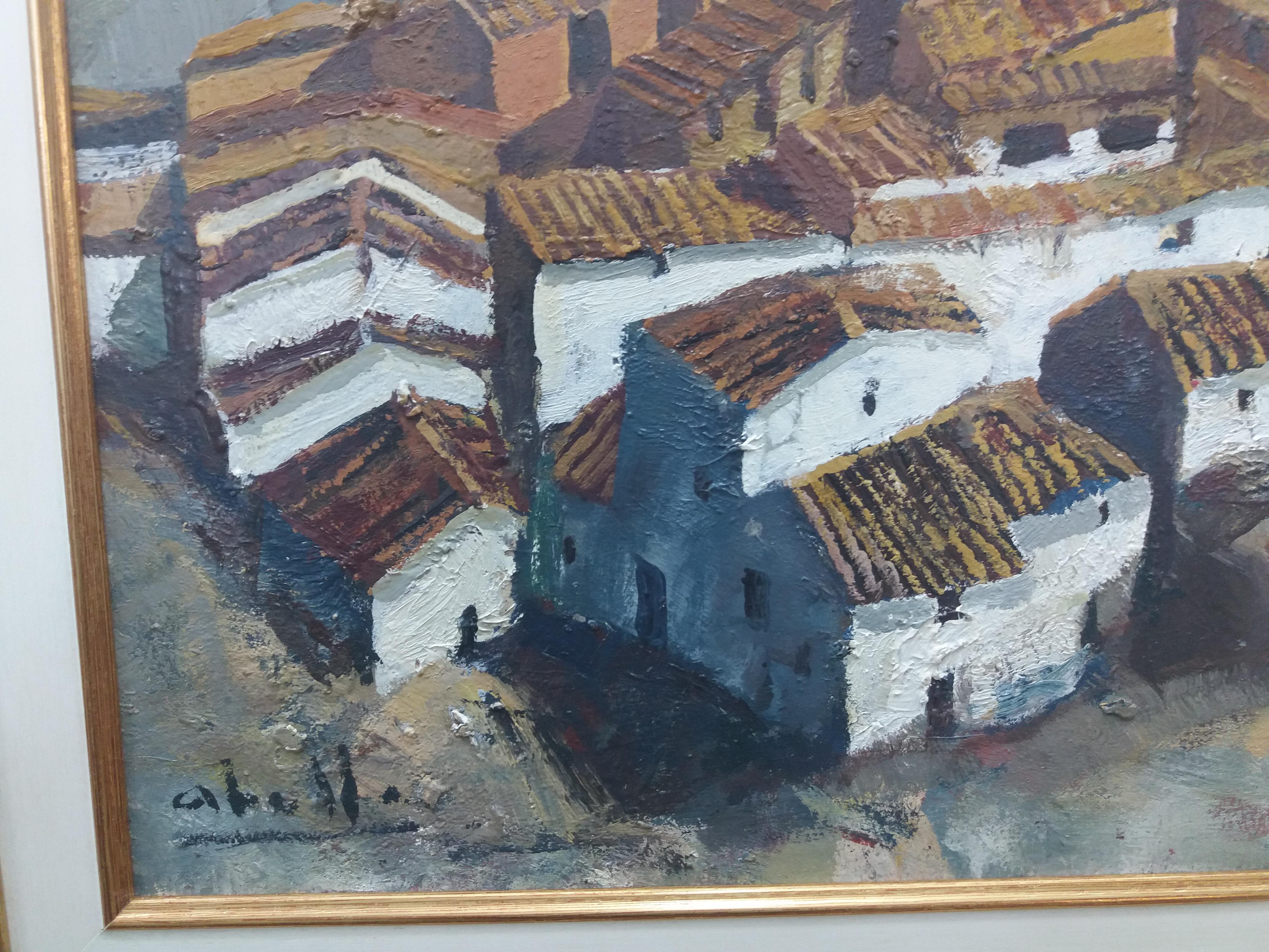 Abella    Città Pittura acrilica cubista originale di paesaggio in vendita 3