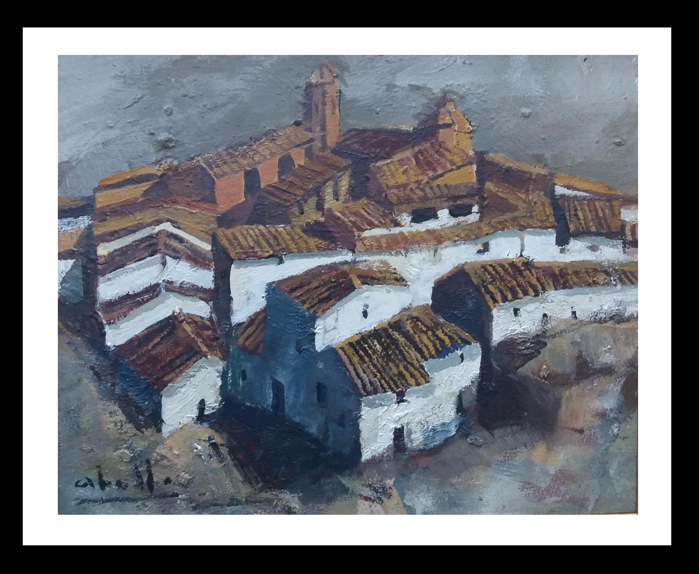 Landscape Painting di Juan Jose Abella Rubio - Abella    Città Pittura acrilica cubista originale di paesaggio