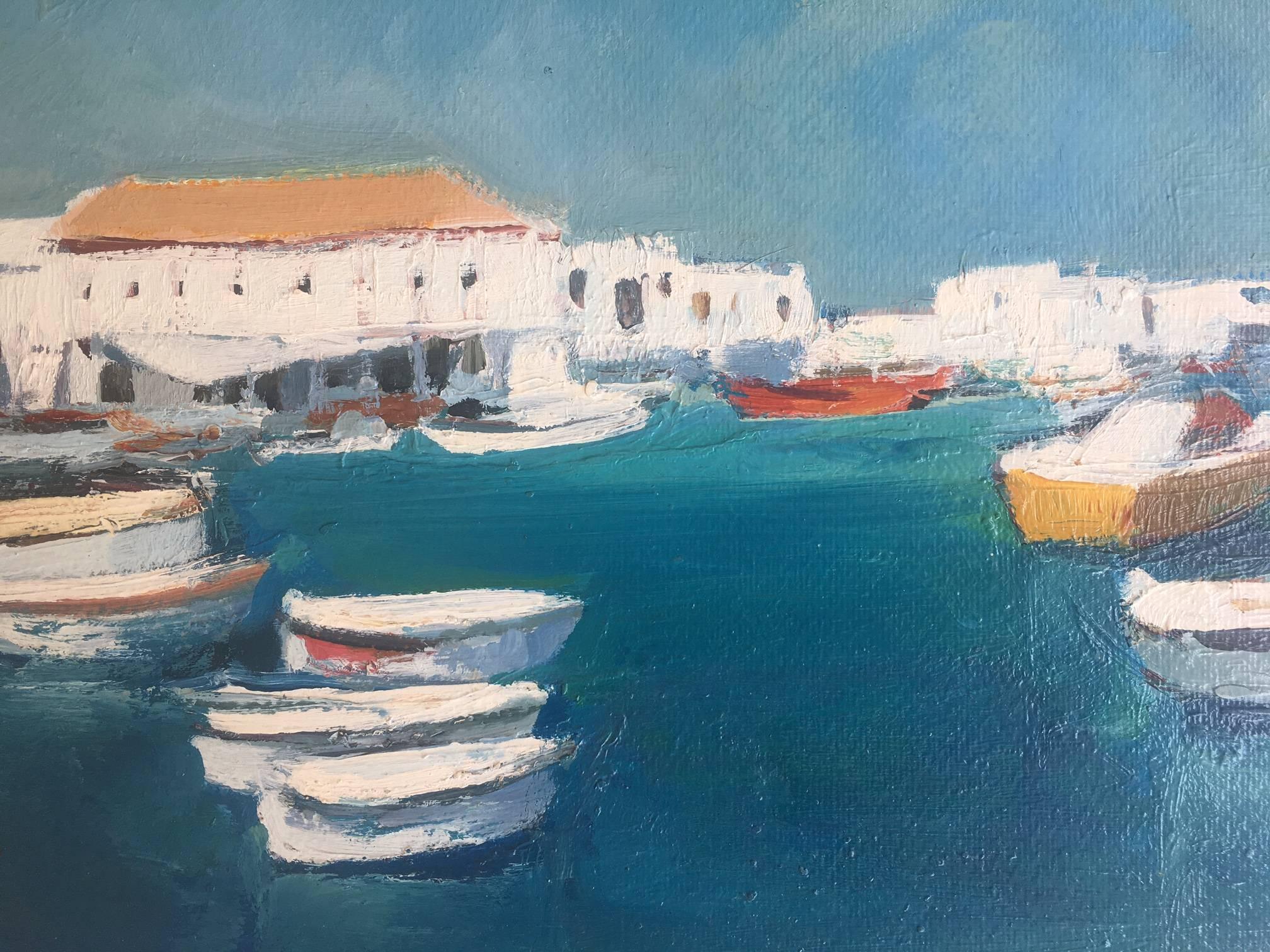 Abella- Marine Menorca Original cubist acrylic  Painting 
Juan Jose Abella Rubio was born in Estercuel, a hamlet anchored in the Teruel mining basin in March 1944. In his painting the ocher and reddish colors of his first environment are well